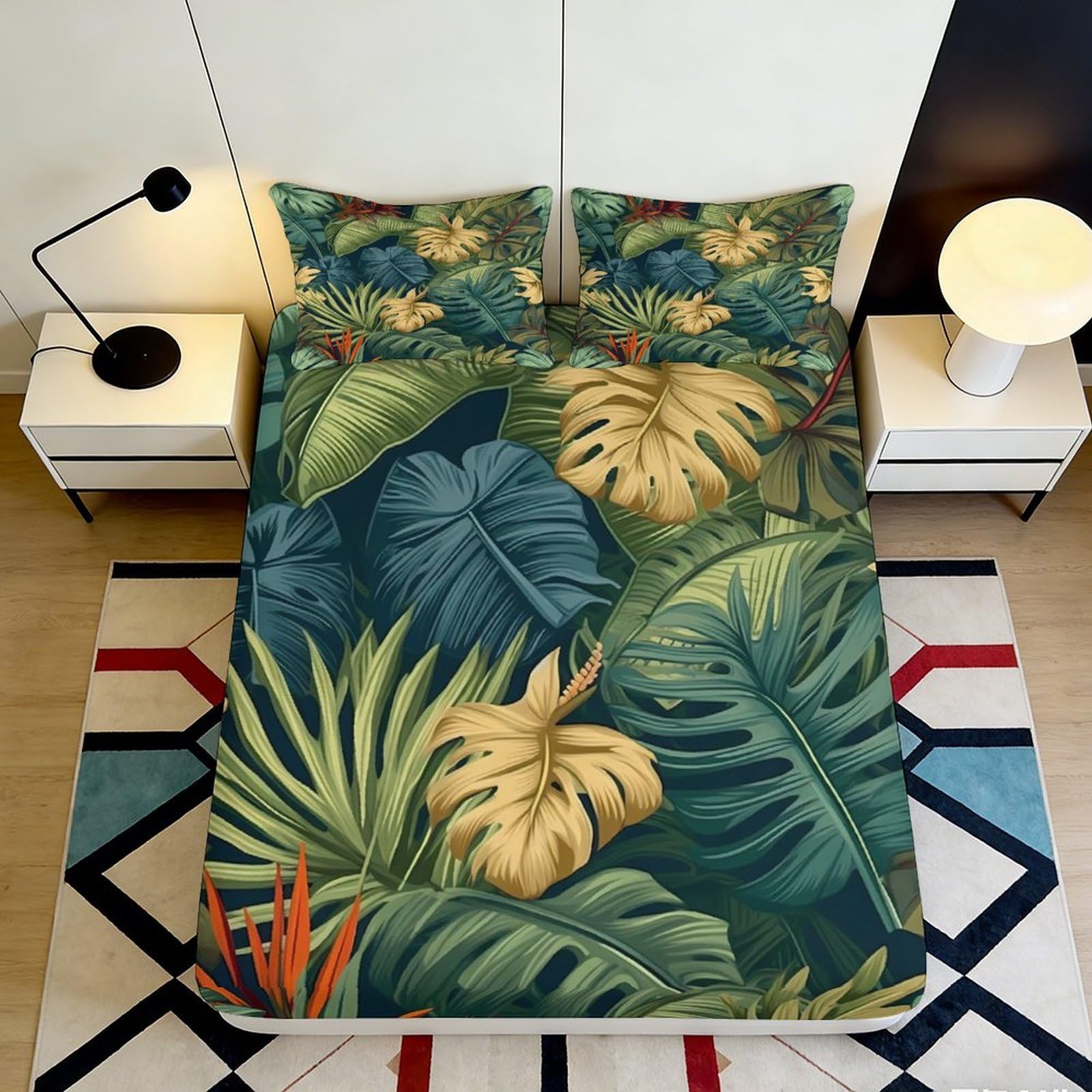 3D Printed Tropical Leaves Fitted Sheet Microfiber Soft Breathable Jungle Pattern Mattress Cover for Bedroom Dormitory Guest Room Protection Decor 180x200x25cm