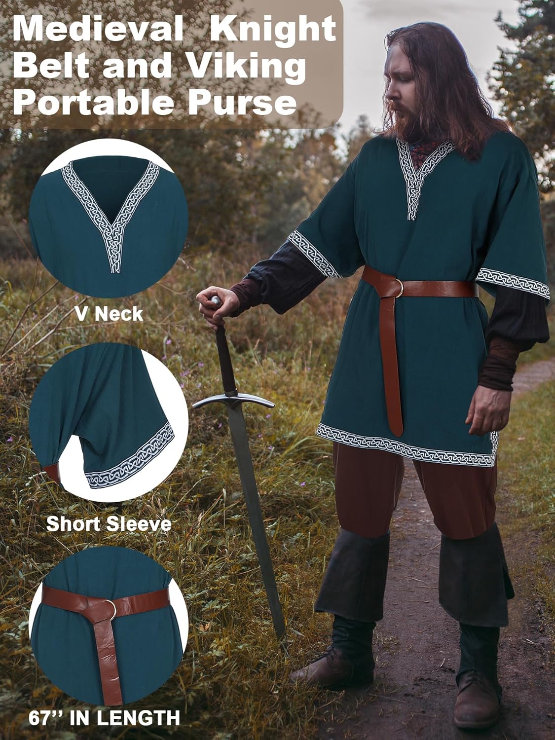 Toulite 3 Pcs Men's Halloween Medieval Costume Set Renaissance Tunic Viking Pirate Warrior Shirts Gothic Pants Knight Belt - Image 4