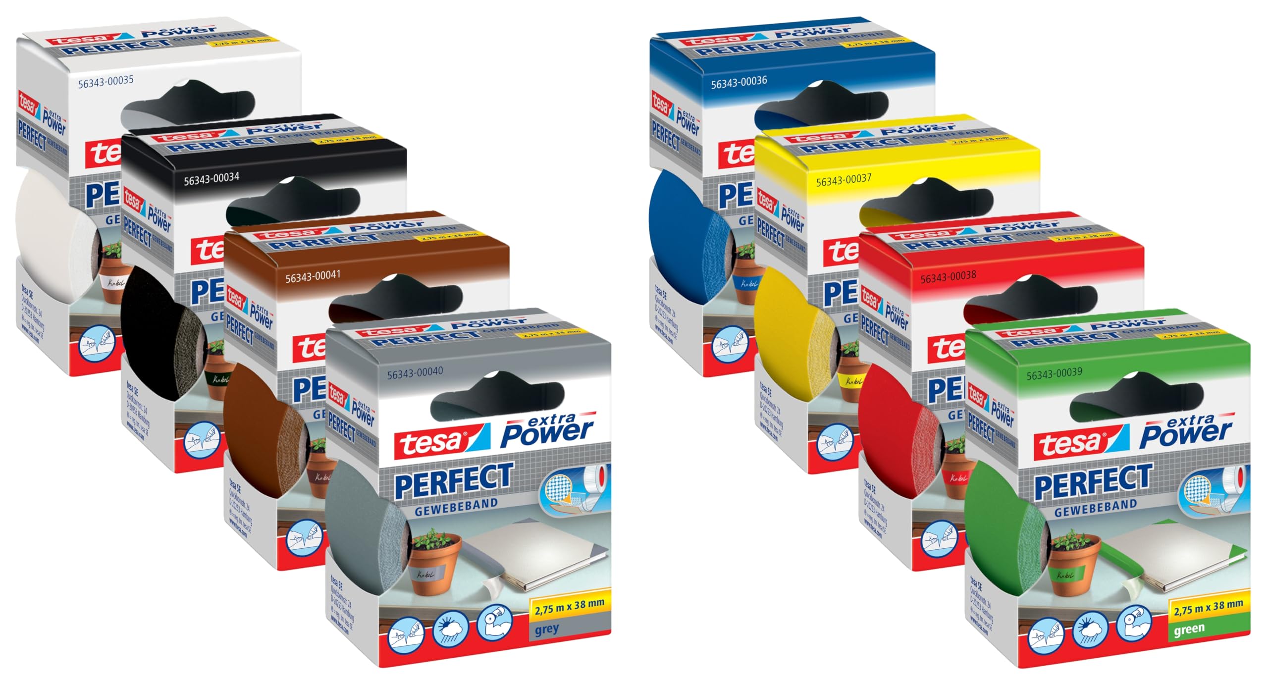 tesa extra Power Perfect Gewebeband - Gewebeverstärktes Ductape zum Basteln, Reparieren, Befestigen, Verstärken und Beschriften - 2,75 m x 19 mm (Komplett Set, 2,75m x 38mm)