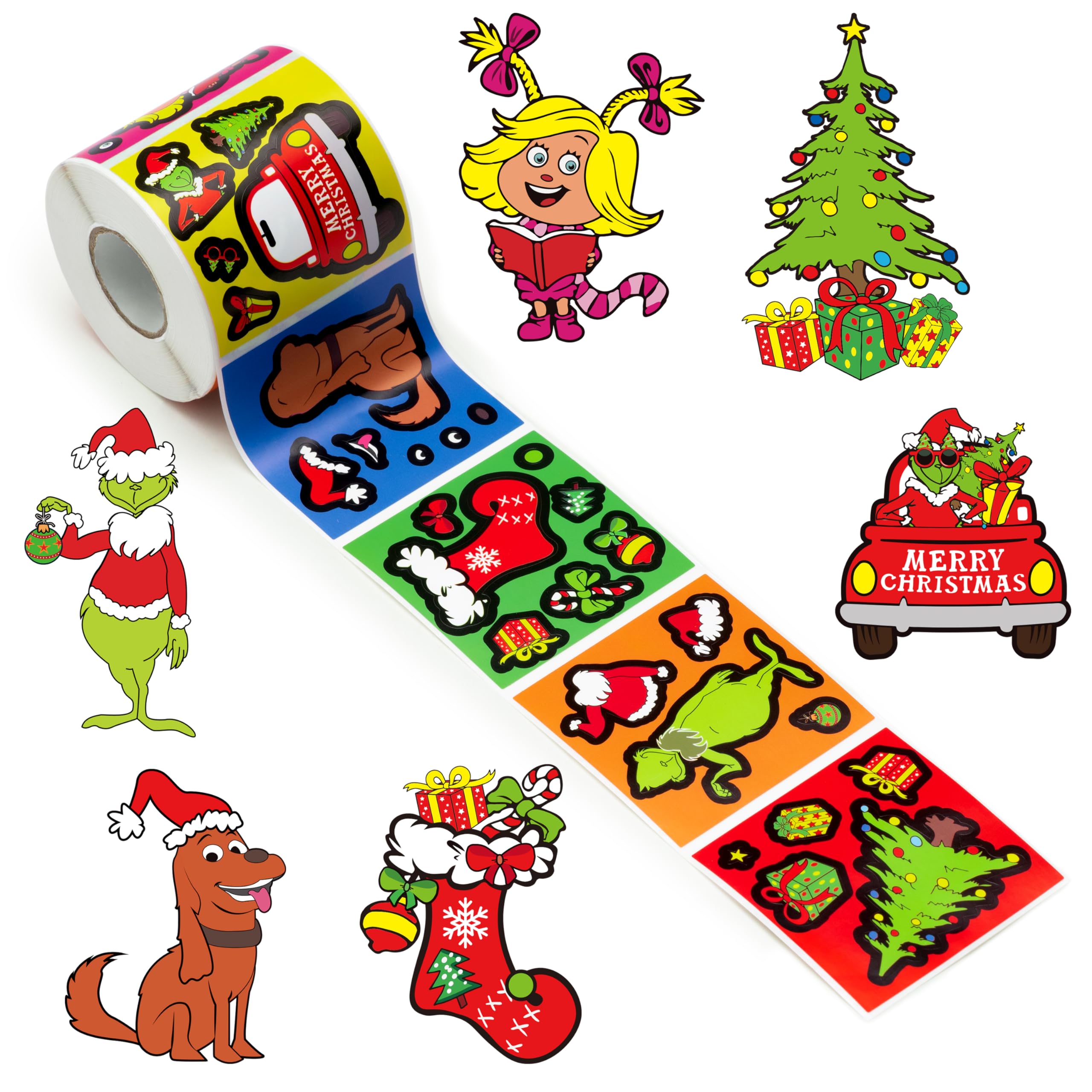 Eartim 300pcs Christmas Theme Make A Green Monster Face Scene DIY Sticker Roll, Make Your Own Cute Character Christmas Tree Green Monster Sticker Mix and Match Cartoon Sticker for Kids Xmas Supplies