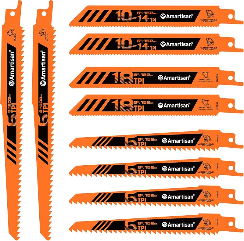 AMARTISAN 10-Piece Bi-Metal Reciprocating Saw Blade Set 6 to 8 Inch Used for Wood & Metal Cutting, Drywall, Plastic and Composite Materials