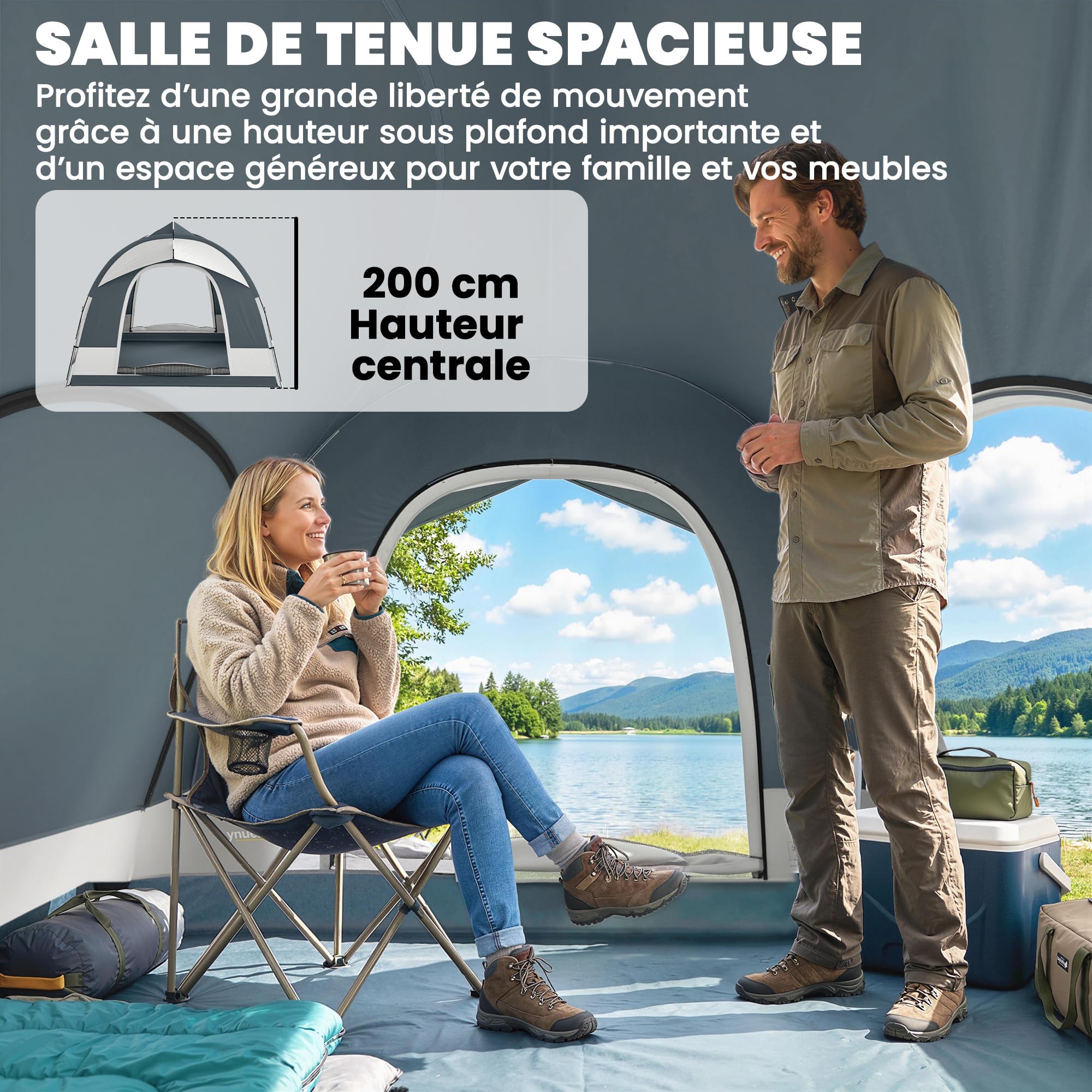 Outsunny Tente de Camping Facile à Monter 2-4 Personnes avec 3 Portes, Imperméable, Compatible avec SUV, avec Double-Toit Amovible, Tapis de Sol et Sac de Transport, Bleu Foncé
