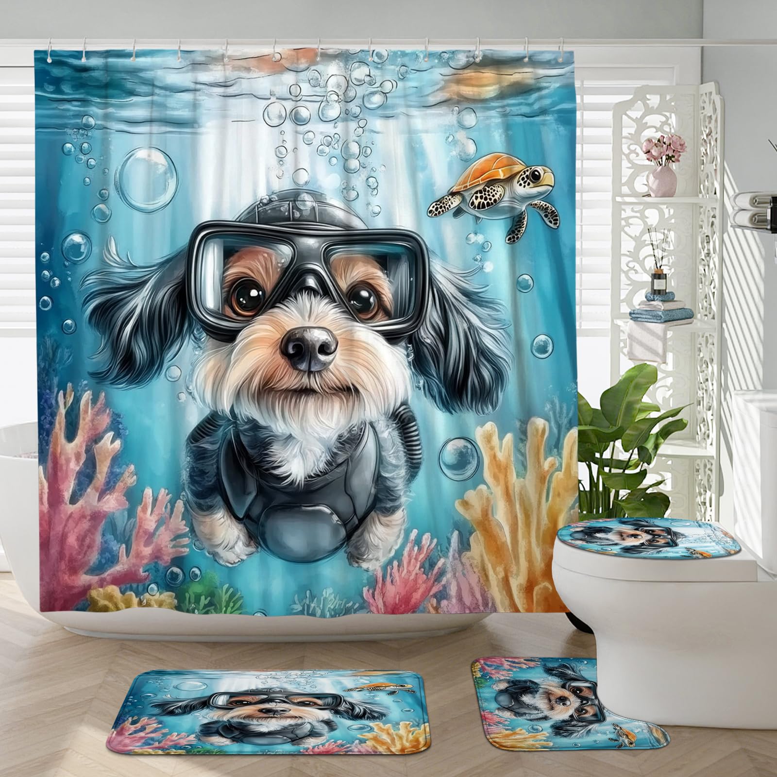 4-teiliges Badezimmer-Zubehör-Set mit frühlingshaftem Schnauzer, mit rutschfestem Teppich, U-Form und WC-Deckelbezug, lustiger Welpe, Kinder, Ozean, Cartoon, Badezimmer, dekorativ, 183 x 183 cm