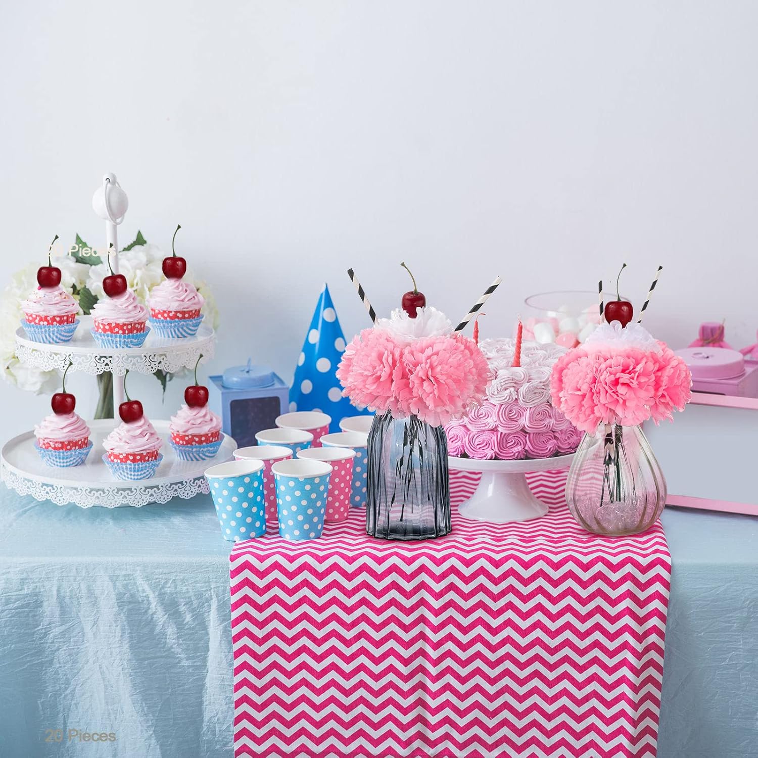 WILLBOND 12 Sets Pink Carnations Artificial Flowers, 50's Theme Party Decorations Include White Pink Carnation Lifelike Cherries and Paper Straws for Sock Hop Rock and Roll Grease Party Decorations