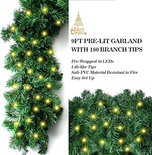 Miniatura 2 de Guirnalda de Navidad preiluminada de 10 pies con 50 luces LED, funciona con pilas con temporizador, exuberante vegetación artificial de Navidad para