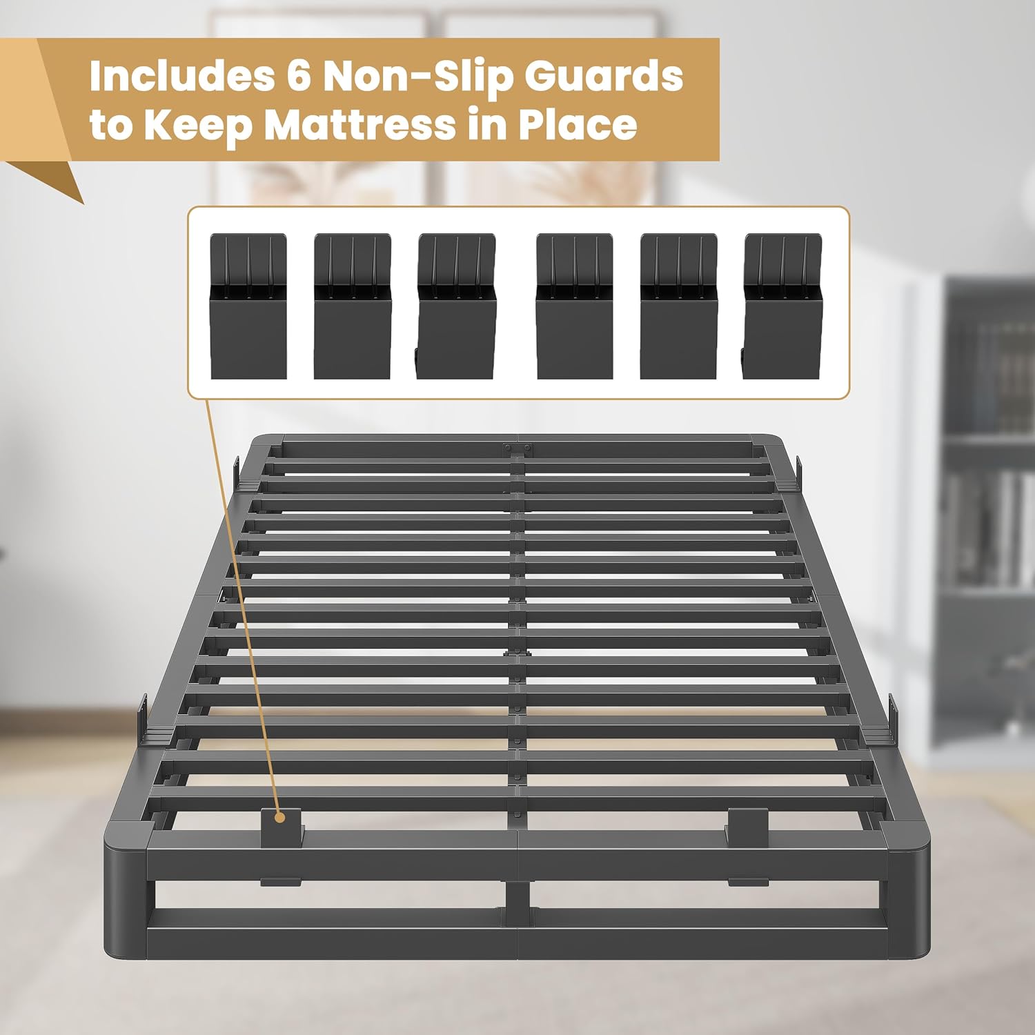 6 Inch King Size Bed Frame with Rounded Corner and Squeak Free U-Slot Design, Metal Platform Bed Frames 6 Non-Slip Guards, 3500lbs Heavy Duty Steel Slat Support, No Box Spring Needed, Black