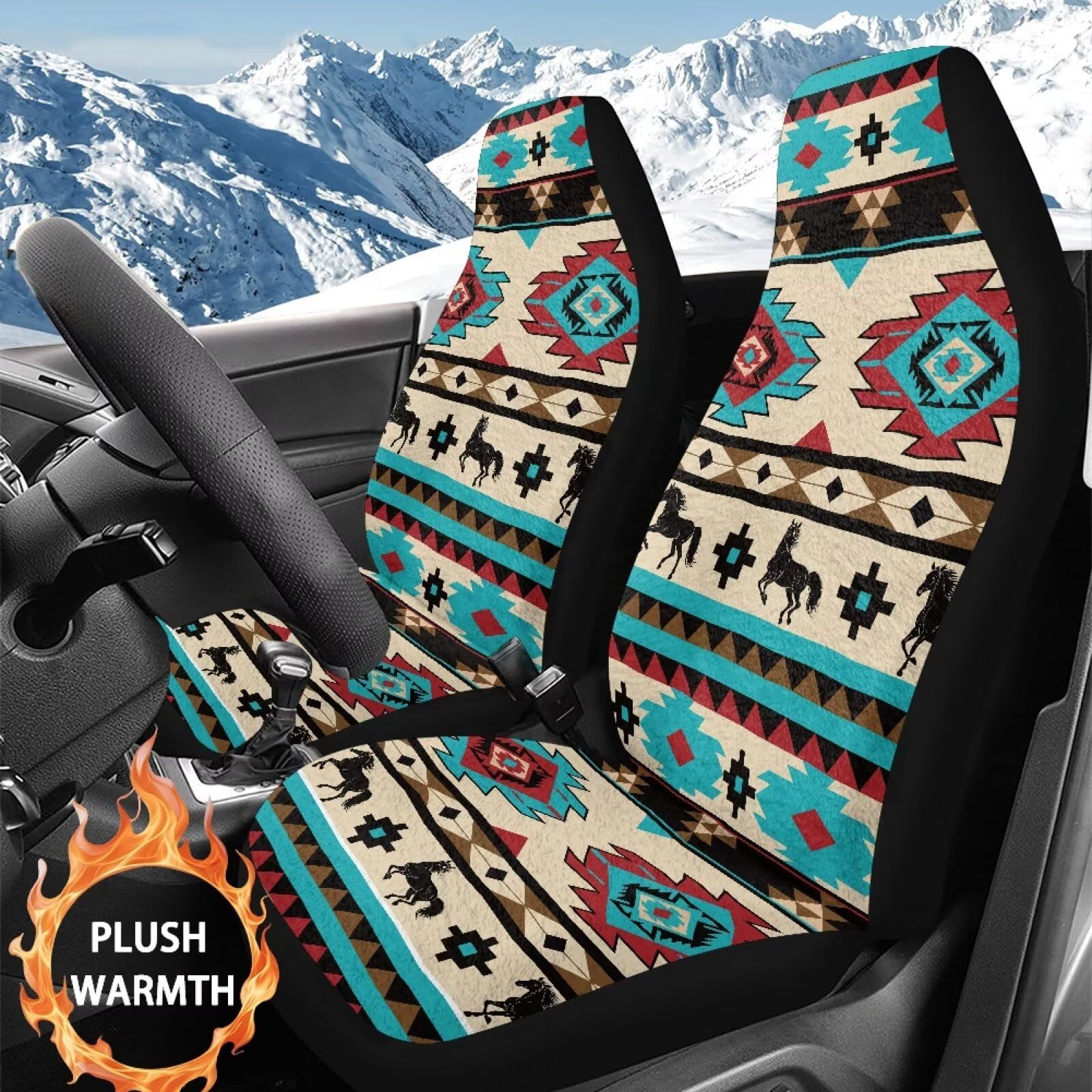 Pferde Autositzbedeckungen für Vordersitze Navajo Aztec Soft Automotive Sitzkissen Abdeckungen Flannel Auto Innenraum Zubehör Kompatibel mit SUV, Limousine