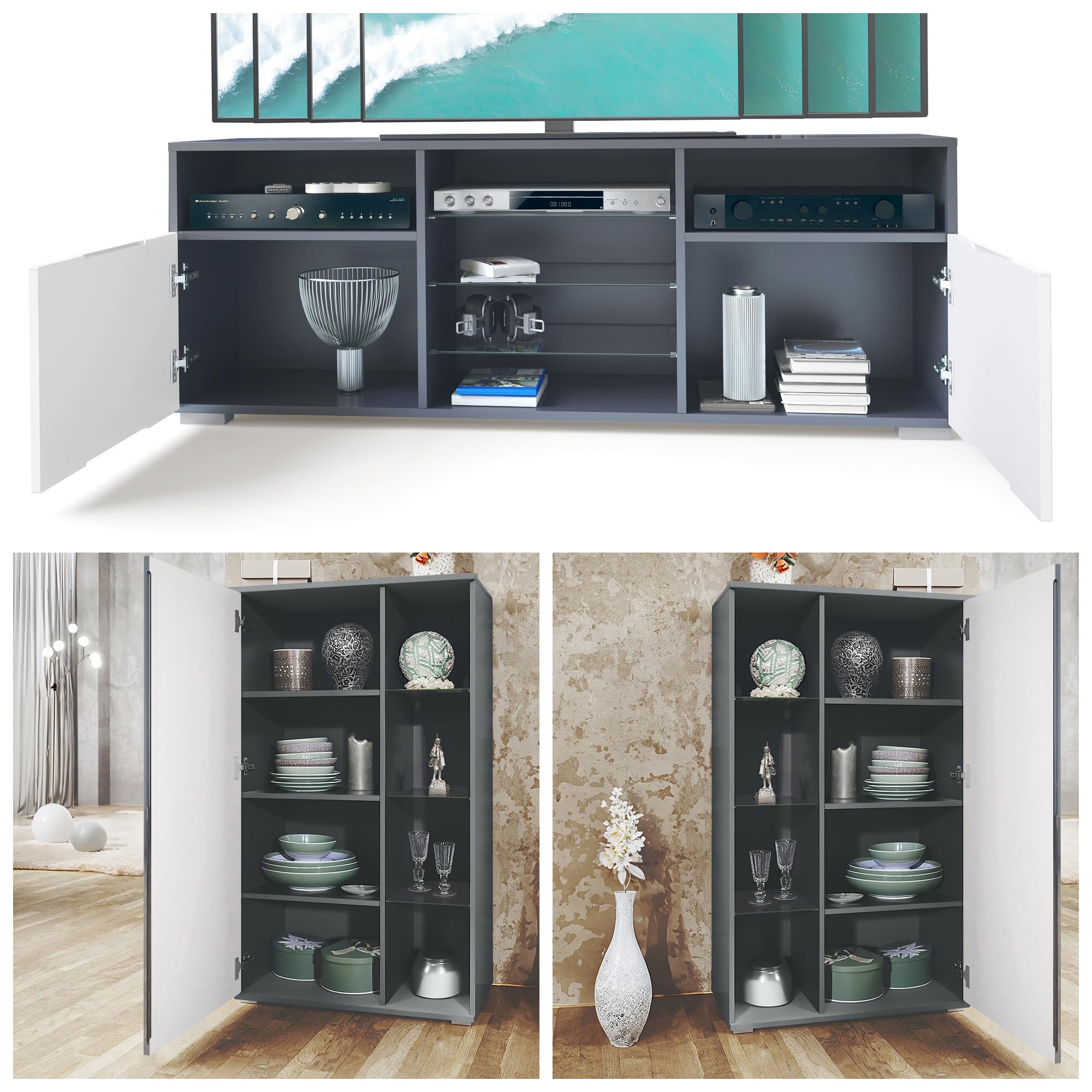 Vladon Mobile Parete Davos per Soggiorno, Composto da 2 vetrine e 1 Mobile TV, Antracite Opaco/Ottica cermento ossido (329 x 134 x 35 cm)