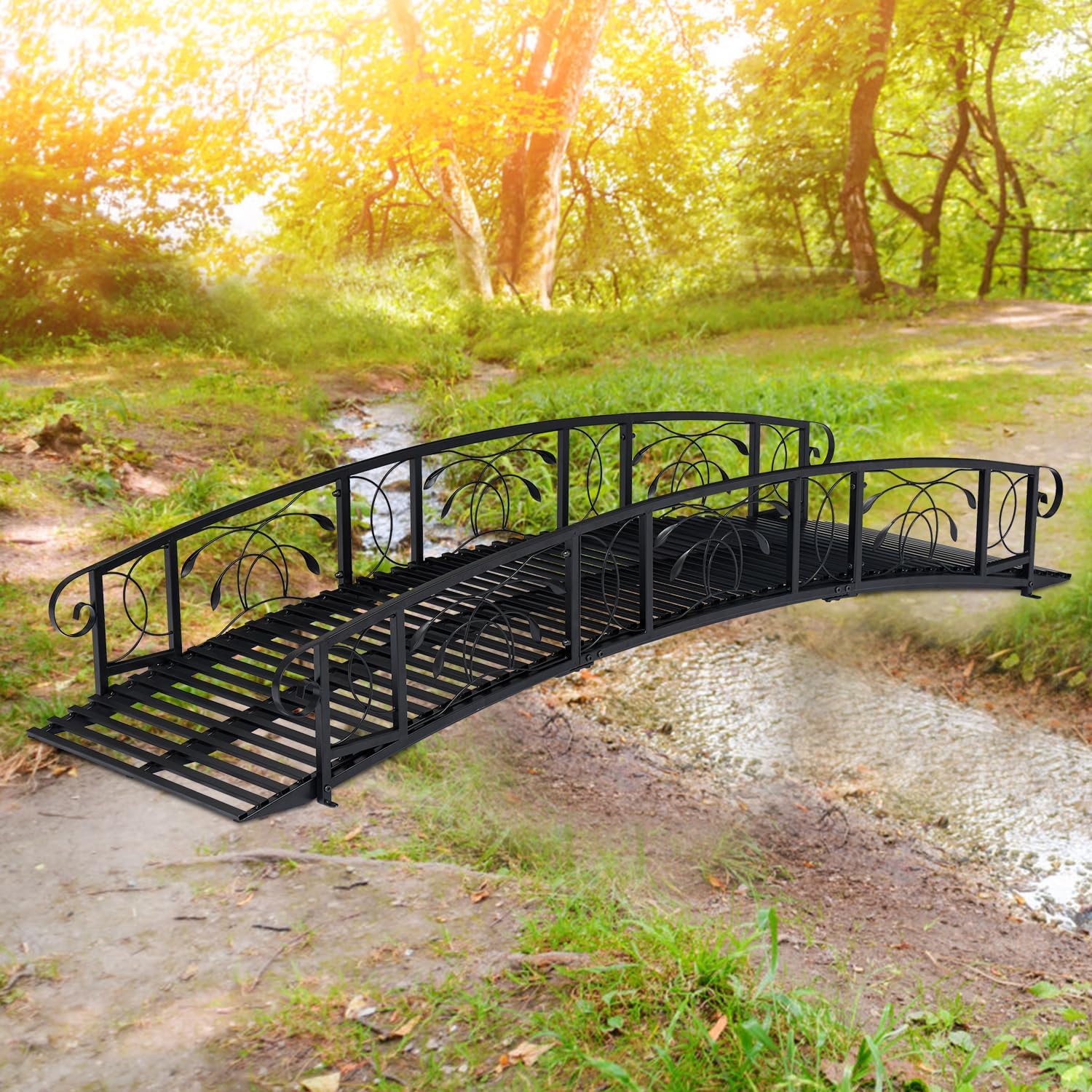 Kinsuite 8FT Metal Garden Bridge - Vaulted Iron Bridge with Safety Siderails, Outdoor Decorative Yard Arch Garden Arch Footbridges for Backyards Ponds, Creeks, Black