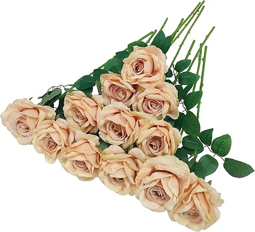 Miniatura 52 de ATFL 12 rosas artificiales de seda con flores de color rosa, rosas artificiales a granel, diámetro floral de 4 pulgadas, rosa artificial de seda