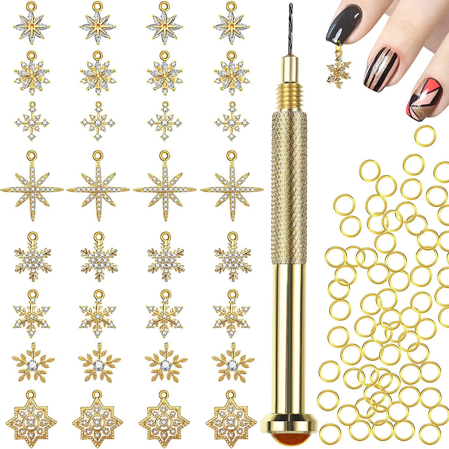 20 Pcs Christmas Snowflake Dangle Nail Charm Kit with Nail Piercing Tool