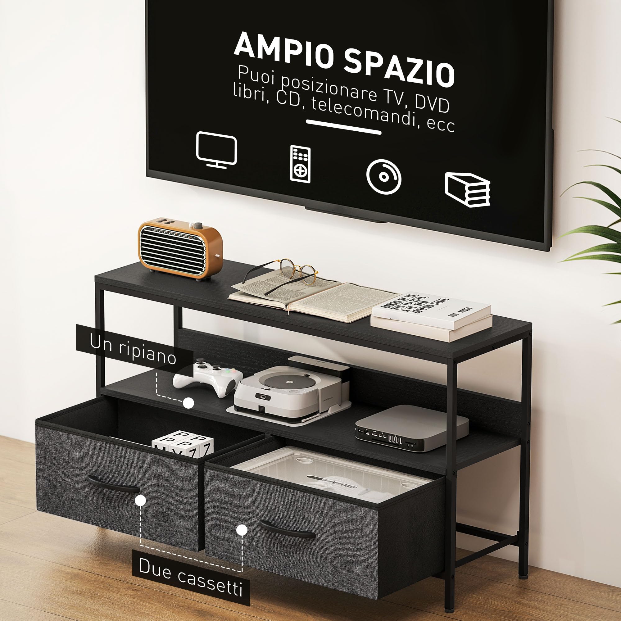 HOMCOM Mobile TV, Mobile Porta TV Fino a 47" con 2 Cassetti Pieghevoli in Tessuto e Mensola, Mobiletto per Televisore per Soggiorno, Camera da Letto e Salotto, 98x29x56 cm, Nero