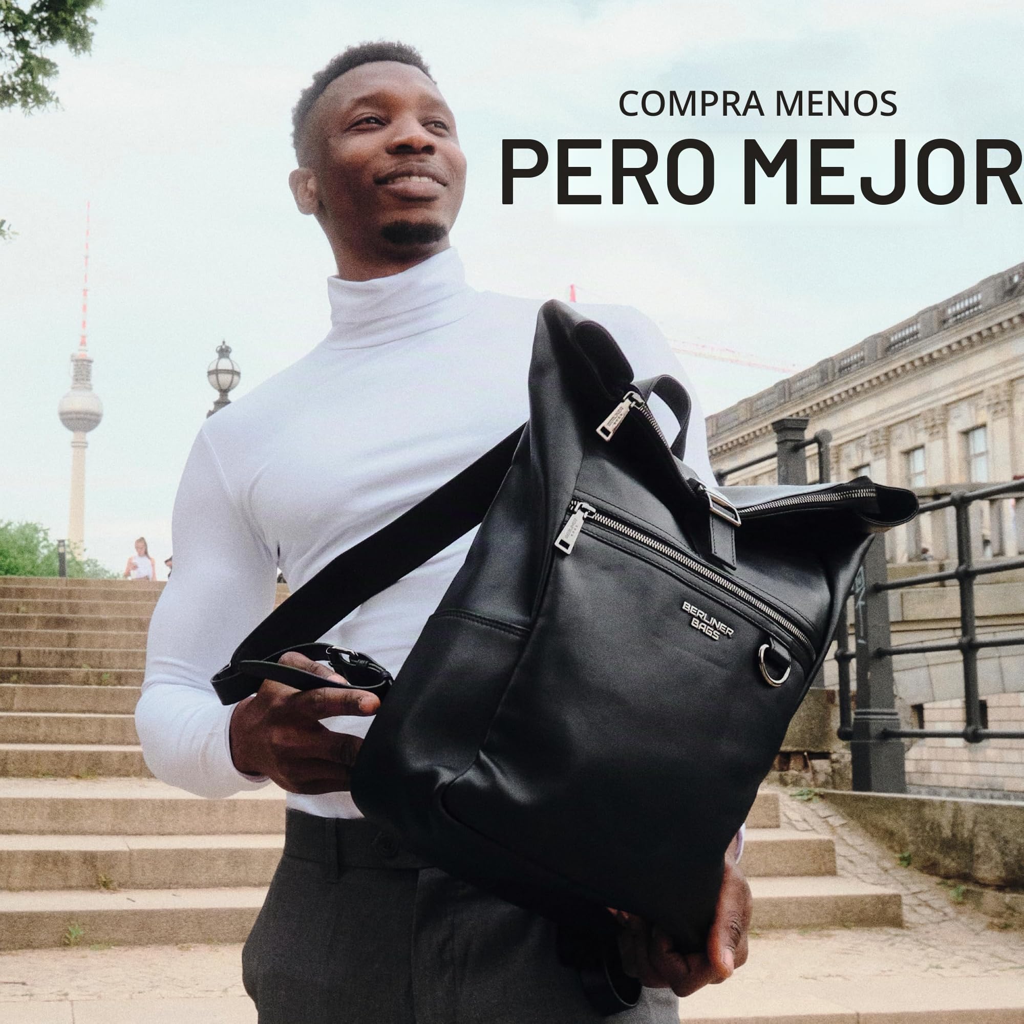 Berliner Bags Harlem Mochila de Piel Auténtica Impermeable con Diseño Rolltop y Funda para Portátil de 15”, Mochila Ejecutiva para Hombre y Mujer – Negro