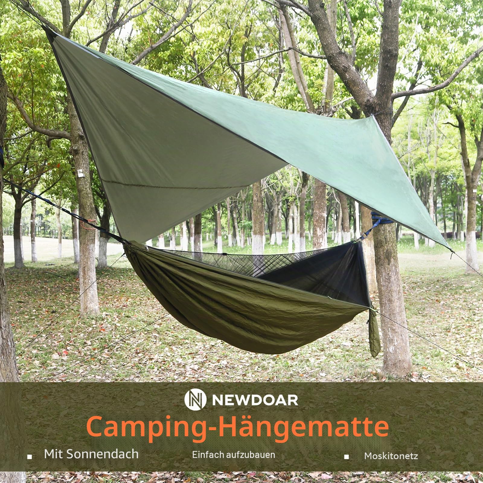 NewDoar Camping-Hängematte mit Moskitonetz und Regenfliegenplane, tragbare Einzel-Nylon-Fallschirmhängematte, Regenfliegen-Set, Baumgurte, Schaukelhängematte, Bett für Outdoor, Rucksackreisen