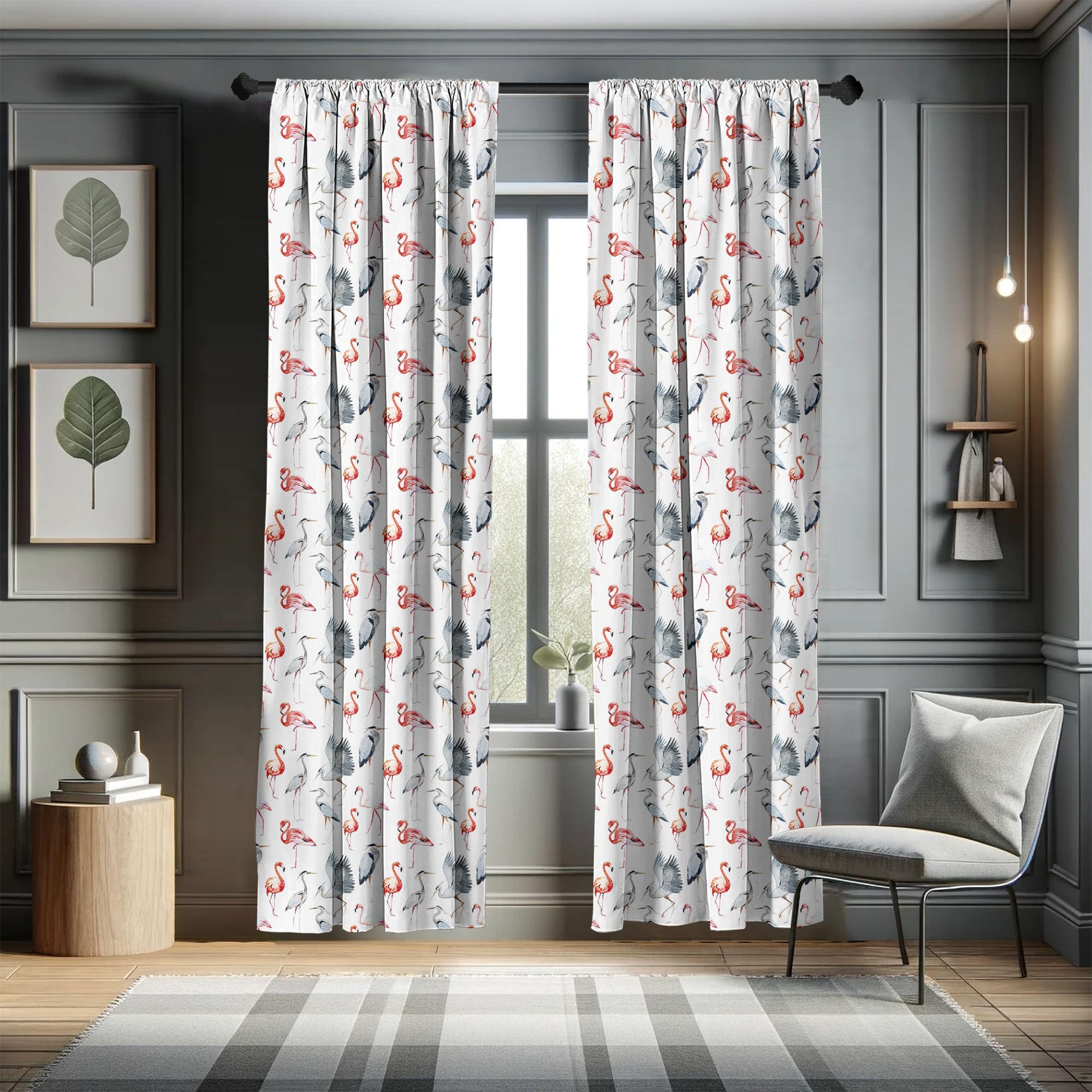 ABAKUHAUS Zasłony z flamingiem, firany, czaple, ptaki, akwarela, zabiegi okienne do salonu, sypialni, 2 sztuki, 75 cm szer. x 245 cm, kolor szary, kolor biały