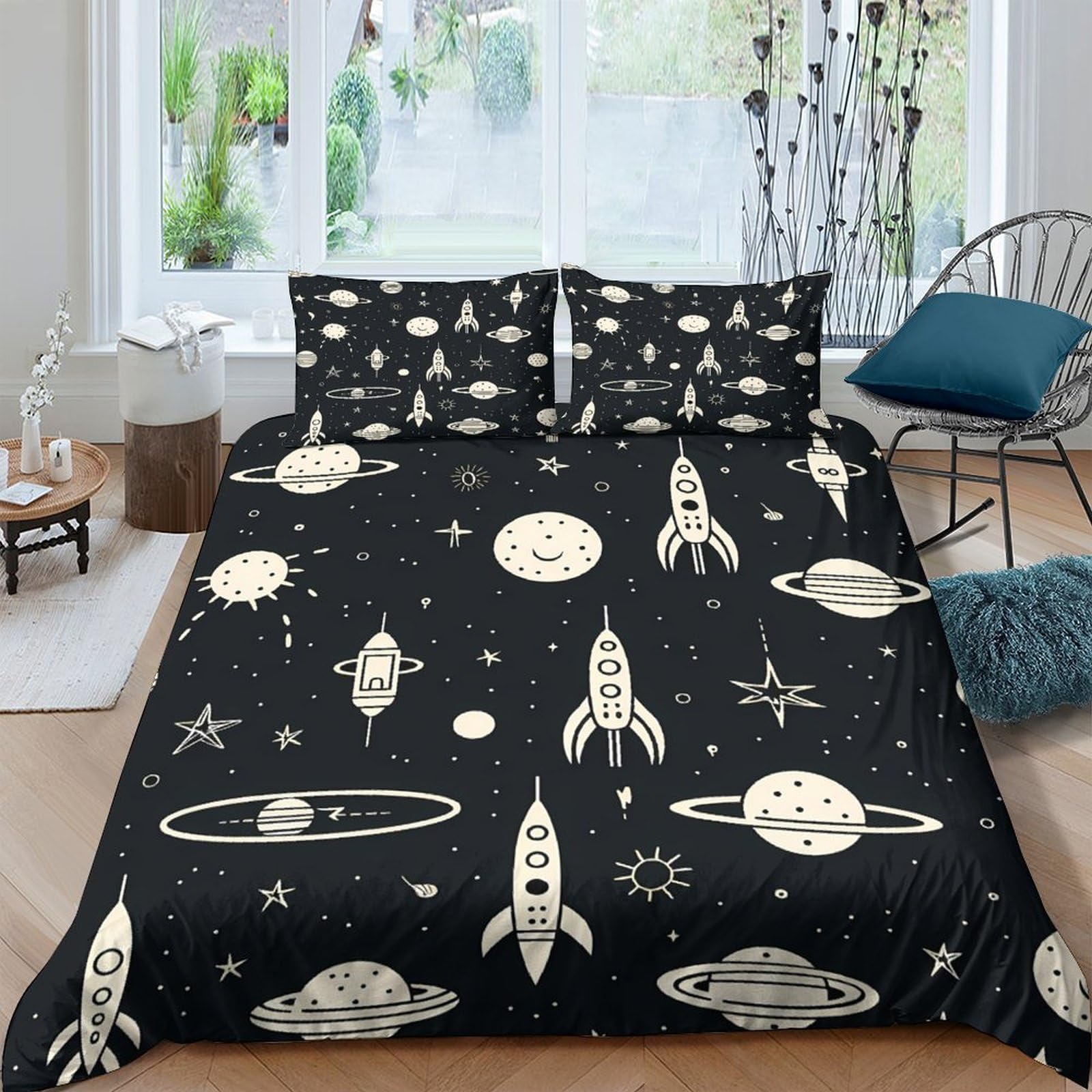 Ctjqhvkz Style-2 3D Printed Space Rocket Fitted Sheet Microfiber Soft Black Planet Mattress Cover For Bedroom Dorm Decoration Single（135X200cm）
