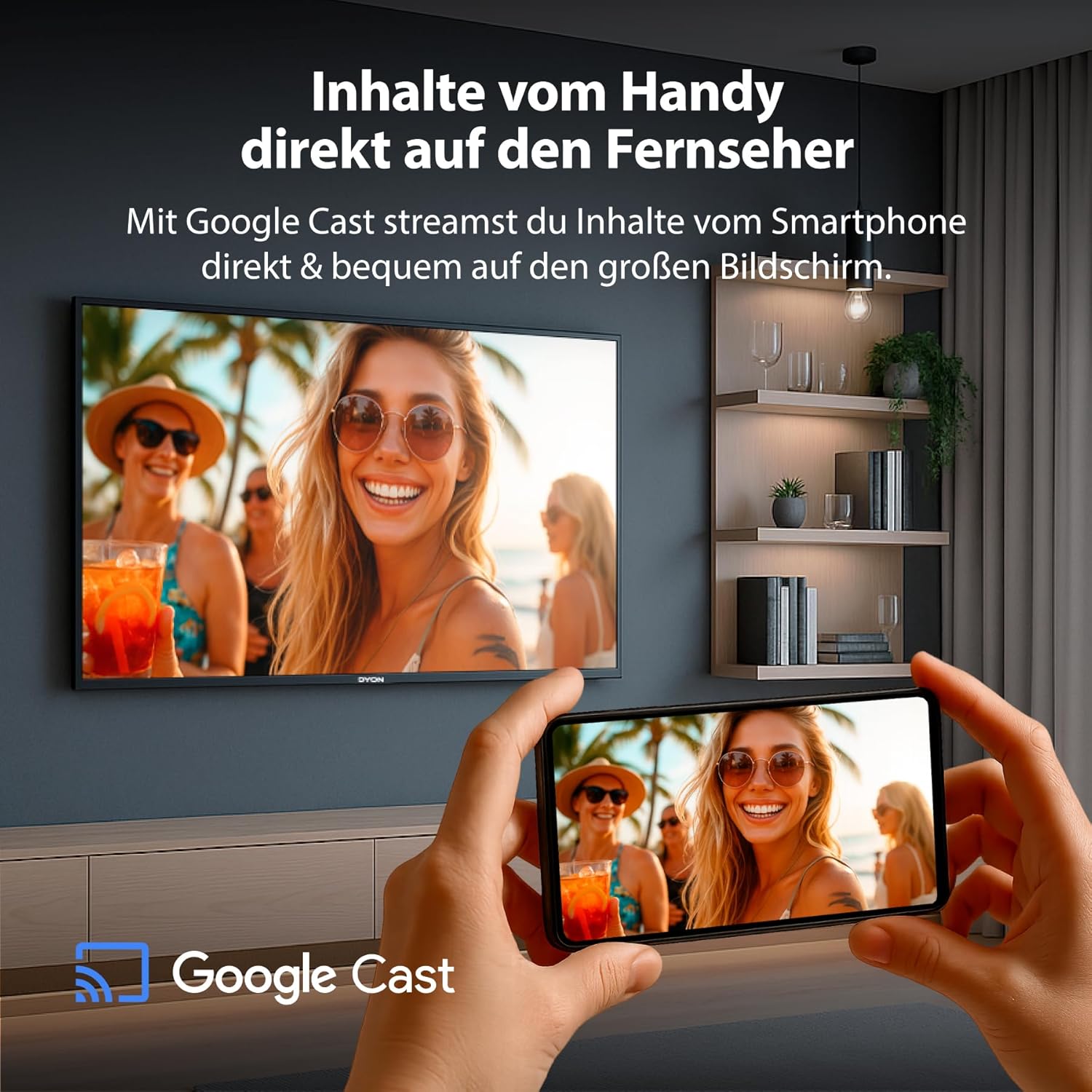 Person casting content from a smartphone to the TV screen