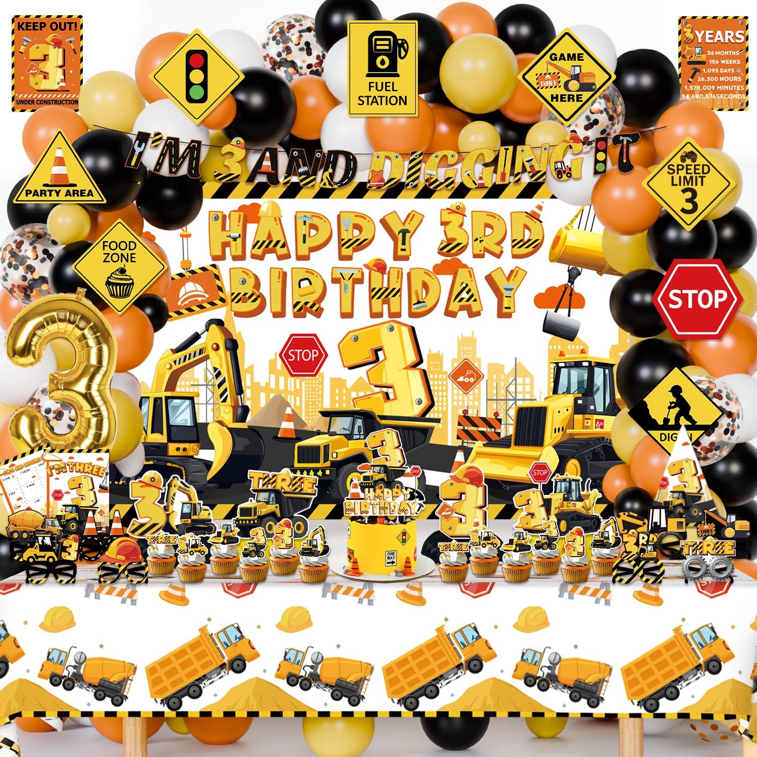 Mpanwen Construction 3rd Party Decorations, 127Pcs Truck Construction 3rd Birthday Party Supplies for 3 Years Old Baby Boys - Backdrop, Wall Signs, Banner, Tablecloth, Hat, Poster, Paper Glasses