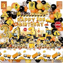 Construction 3rd Party Decorations, 127Pcs Truck Construction 3rd Birthday Party Supplies for 3 Years Old Baby Boys - Backdrop, Wall Signs, Banner, Tablecloth, Hat, Poster, Paper Glasses