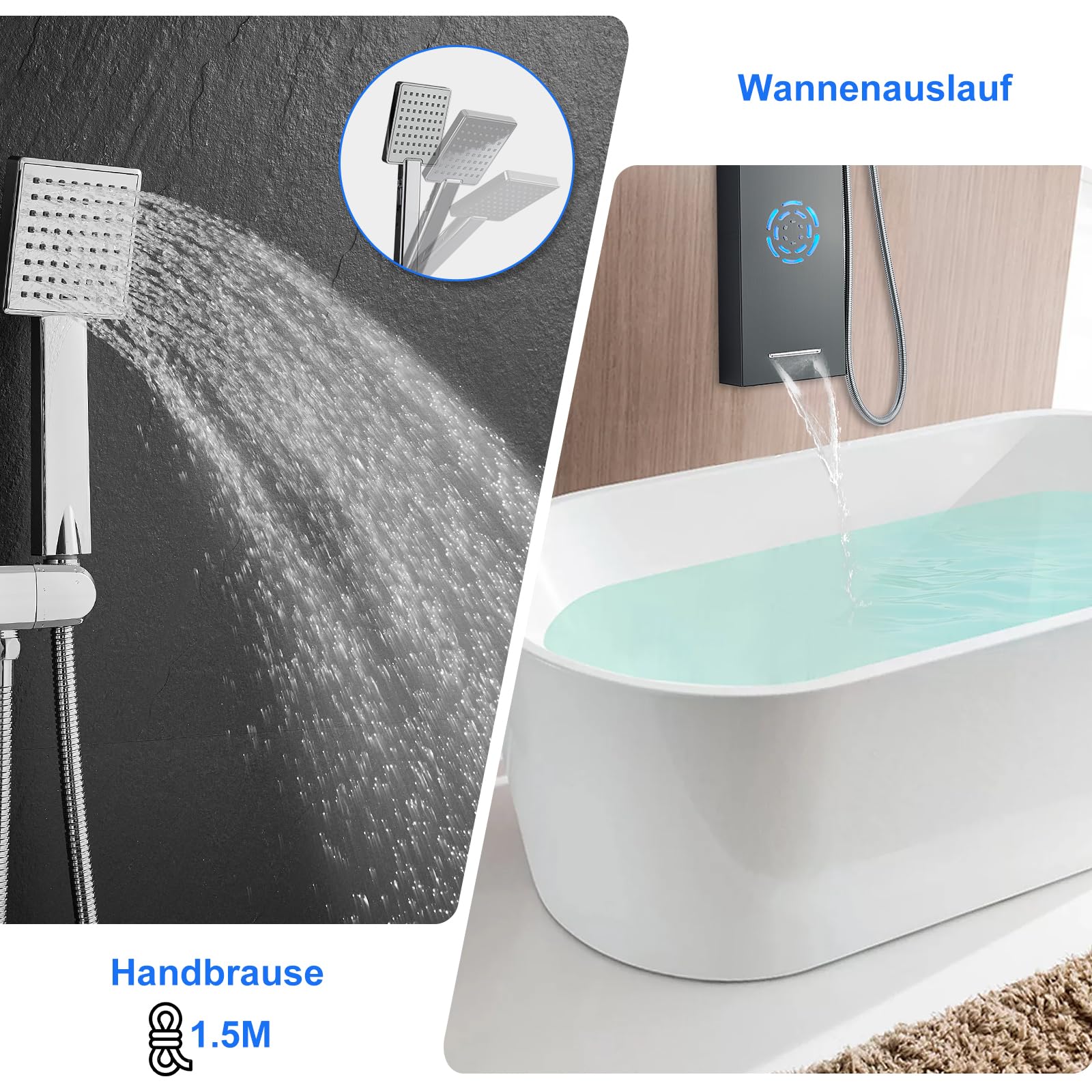 Pannello doccia 5 in 1 con rubinetto senza batteria, set doccia LED tempo doccia e indicatore ℃, doccia a pioggia, doccia a LED, montaggio angolare, pannelli doccia nero, ottone e acciaio inox