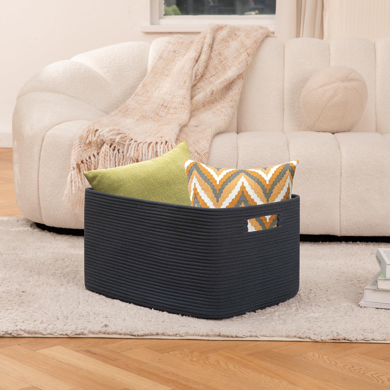 OIAHOMY 75L Large Rectangular Blue Cotton Rope Storage Basket, 22”x17”x12”, Living Room, Nursery, Blanket Basket with Handle - Image 2