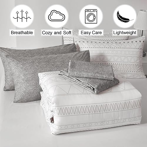 Miniatura 7 de WONGS BEDDING Juego de edredón bohemio tamaño Queen, 7 piezas de ropa de cama geométrica blanca y gris en una bolsa, juego de ropa de cama bohemio