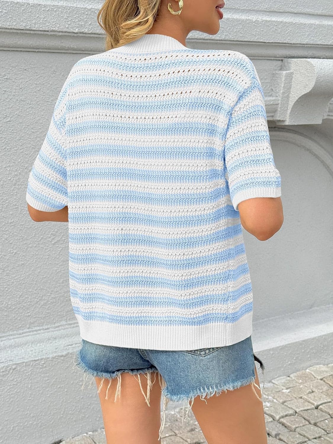 Saodimallsu Womens Short Sleeve Striped Cardigan Sweaters Crochet Knit Button Down Shirts V Neck Spring Summer Tops
