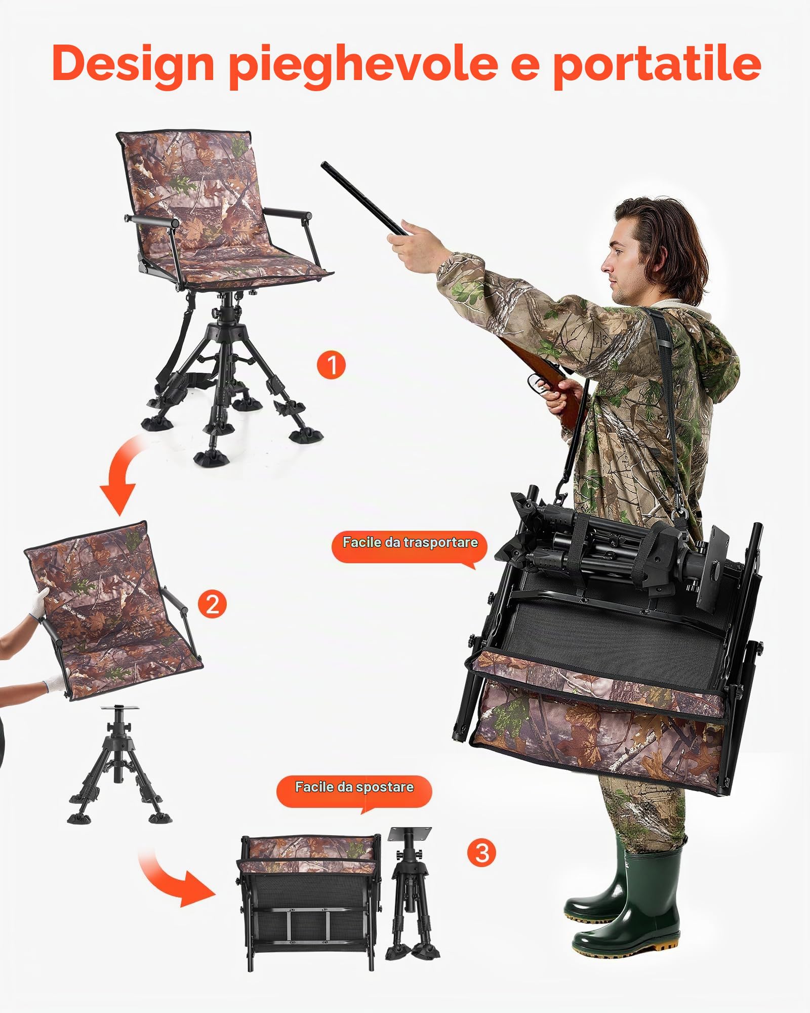 VEVOR Sedia da Caccia Campeggio Pieghevole, Sedia da Pesca con Braccioli, Altezza Regolabile Capacità di Carico 158 kg, Rotazione Silenziosa a 360°, Altezza Seduta 420-625 mm, Giardino, Esterno