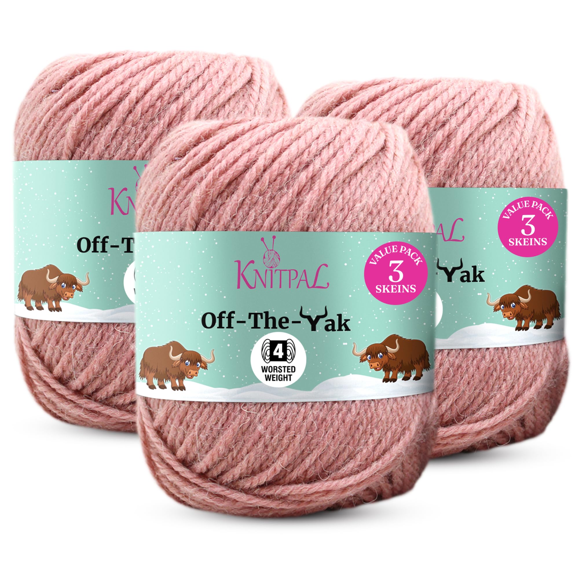 Off-The-Yak Squishy miękka wełniana przędza kocowa do robienia na drutach i szydełkowania, ciężka włóczka/aran Waga #4, 25% Jak, 50% wełna, 25% akryl, 3 skosy w opakowaniu, 300 g (bladoróżowy)