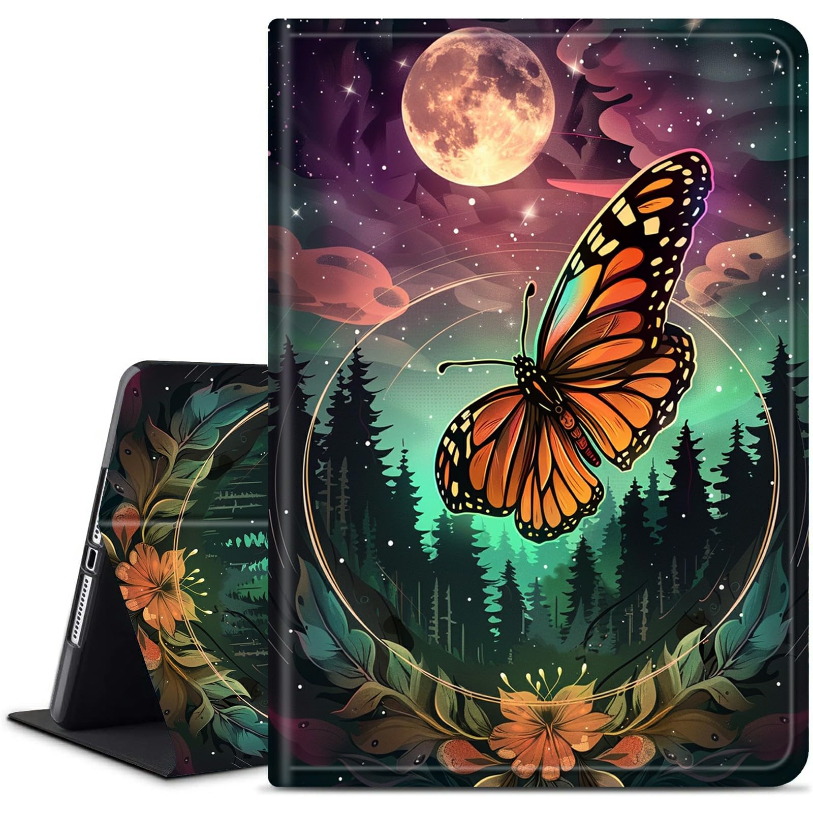 Dikoer for Amazon Kindle Fire HD 10 & HD 10 Plus 10.1" Kickstand Case (13th Generation 2023 Release), PU Leather Multiple Viewing Angles Stand Smart Cover with Auto Wake/Sleep, Moon Butterfly Forest