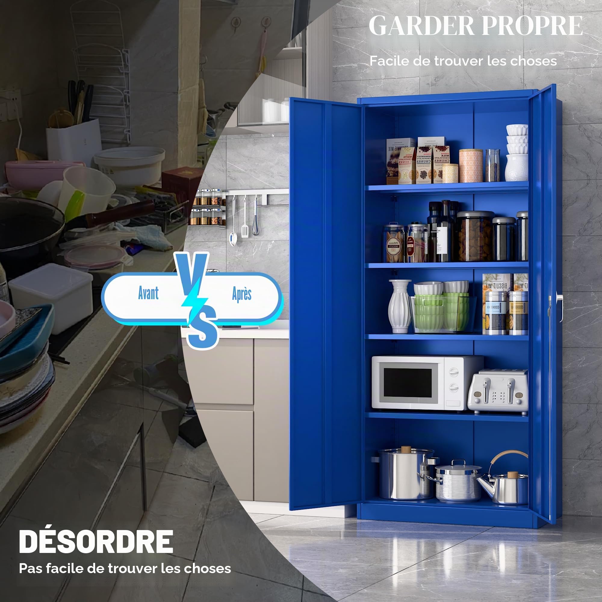 SUPEER Armoire de rangement en métal avec 2 portes et 4 étagères réglables | Armoire en acier de 180 cm de haut pour entrepôt, garage, maison, bureau, assemblage facile nécessaire (bleu)