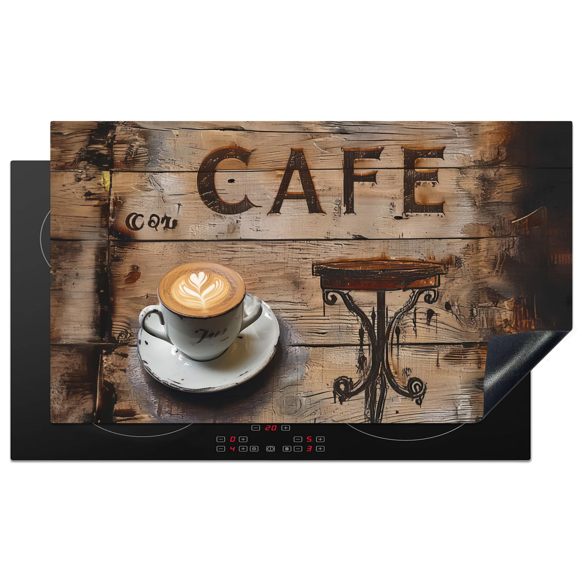 KitchenYeah© Induction Hob Protector Mat 20.8"x36" / 91.6x52.7 cm Cooker Top Protectors Cover Ceramic Covers Electric Hobs Vinyl Cafe - Wood - Coffee - Shelves — image 1