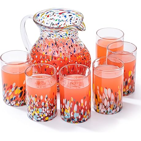 Confetti Rocks Mexican Hand-Blown Glass Pitcher and Glass Set