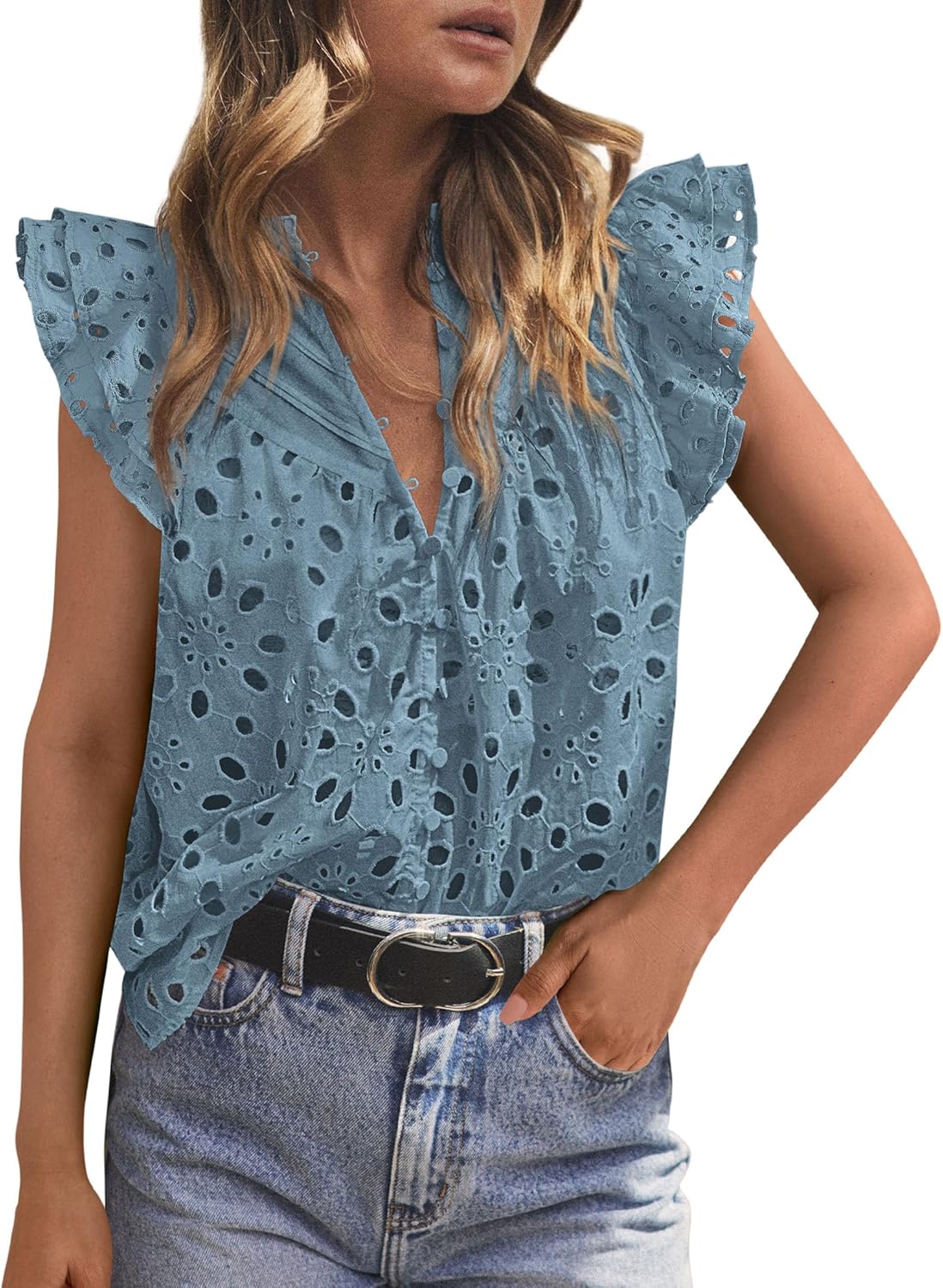 PRETTYGARDEN Womens Summer Tops 2026 Dressy Casual Ruffle Cap Sleeve Button V Neck Embroidered Eyelet Blouses Shirts