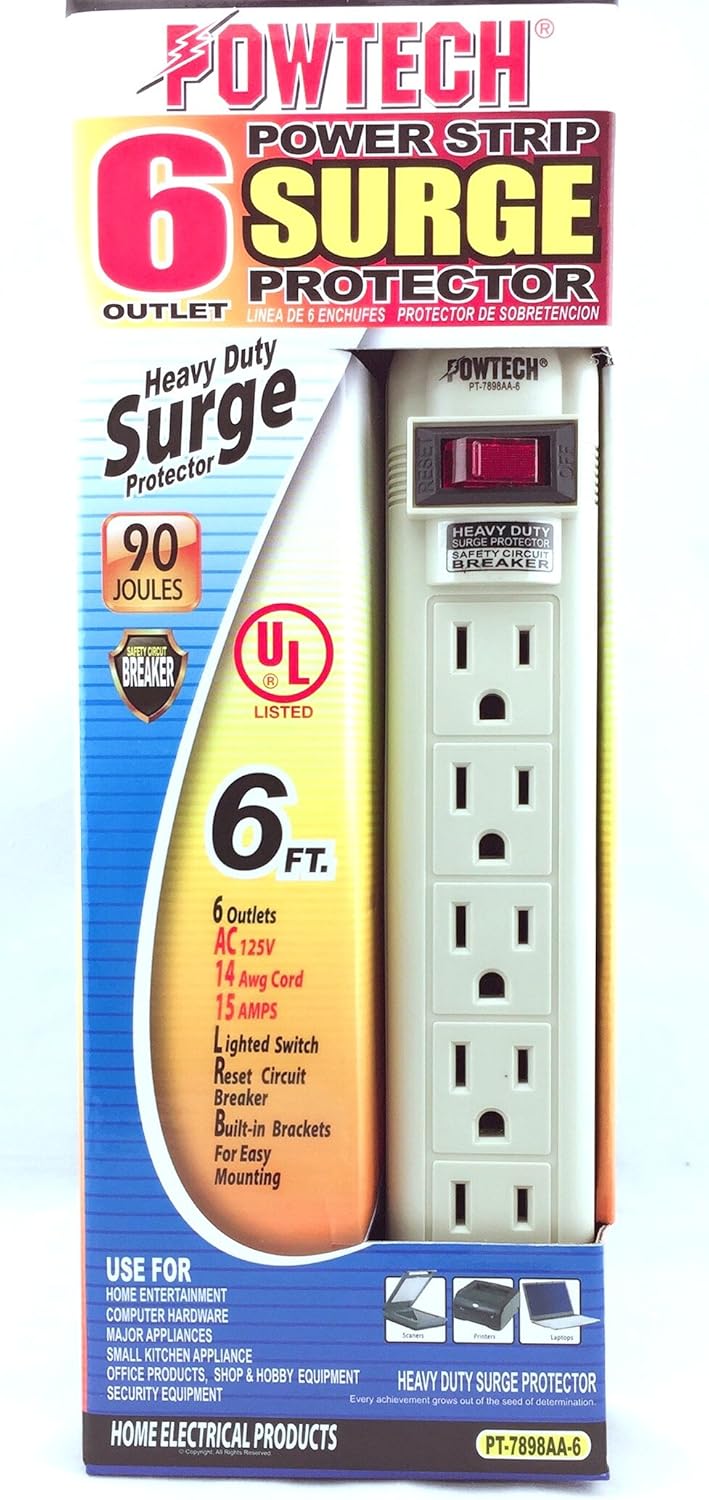 6 Outlet 270 Joules Surge Protector Heavy Duty Home/Office Power Strip,6 Individual Switched Outlets, 6-Ft Power Cord