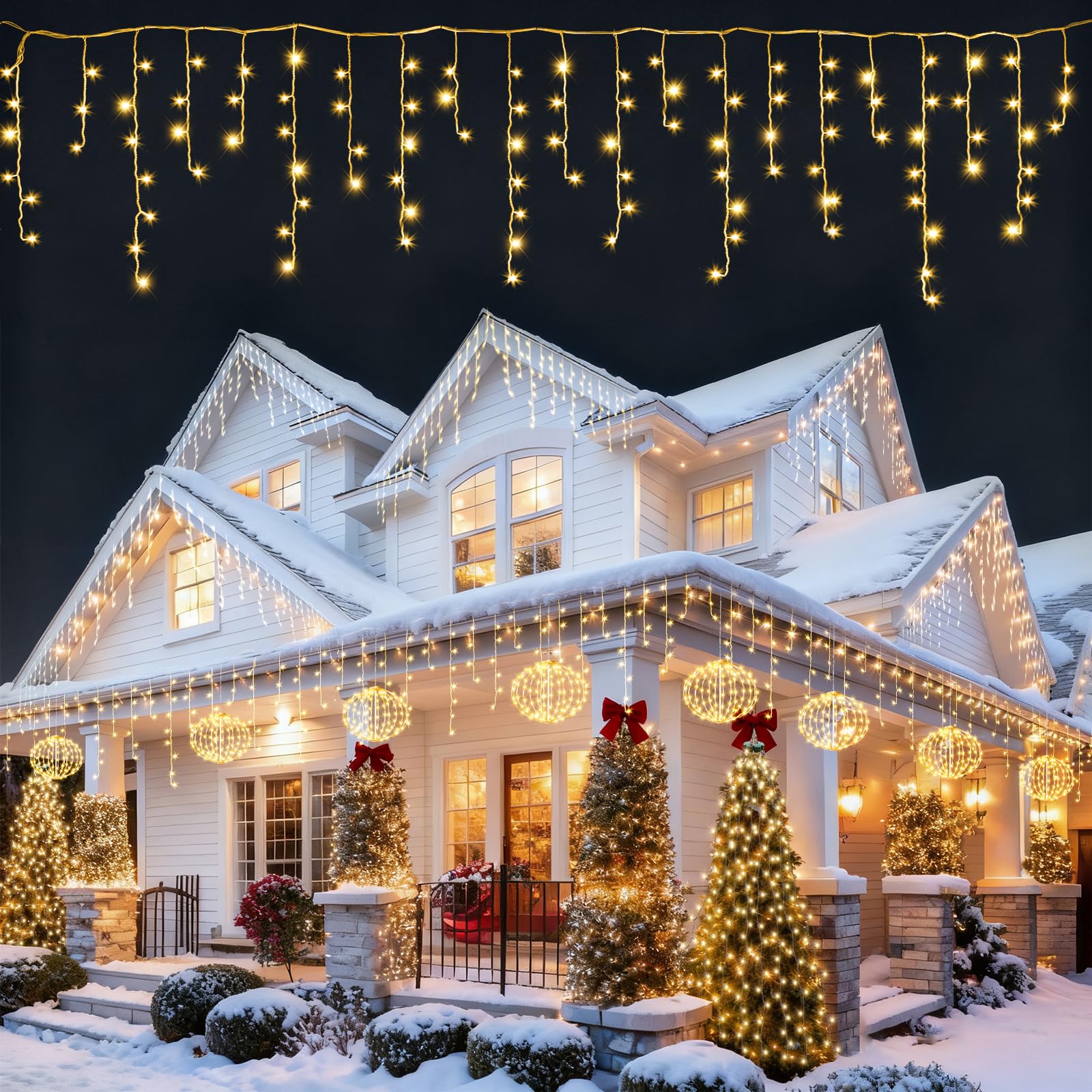 AGOTD - Catena luminosa effetto ghiaccio per esterni elettrica, tenda luminosa 400 LED, illuminazione natalizia per esterni, con timer, 8 modalità, funzione memoria per Natale, camera da letto, feste