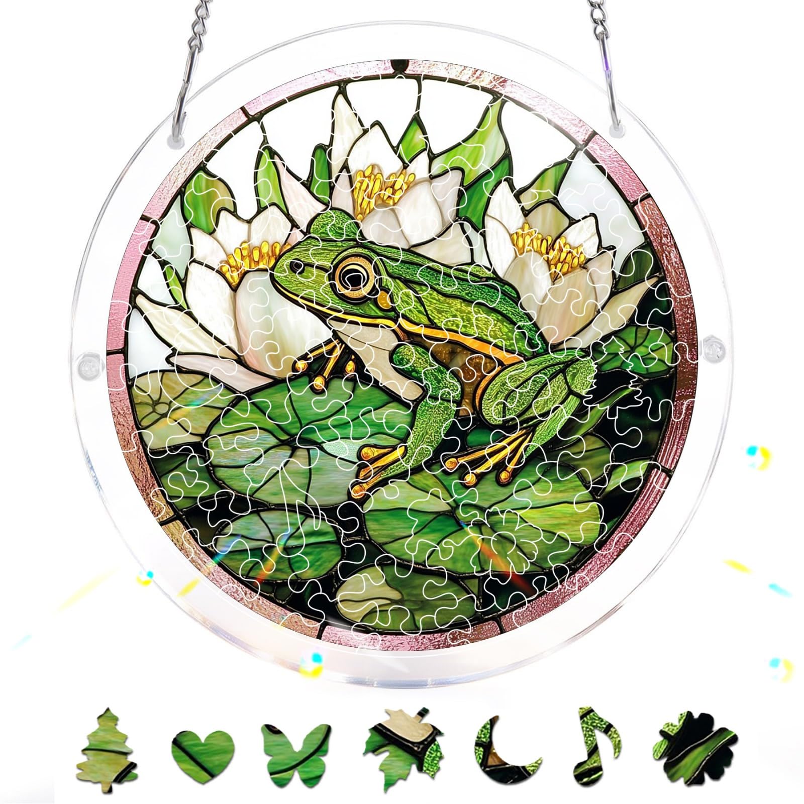 Bimkole 83 Pieces Acrylic Jigsaw Puzzle Suncatcher - Frog, Stained Glass Window Hanging Pendant, Home Decor Creative Mom Gifts, Sun Catcher Decor for Garden Home Birthday Gifts 18 cm