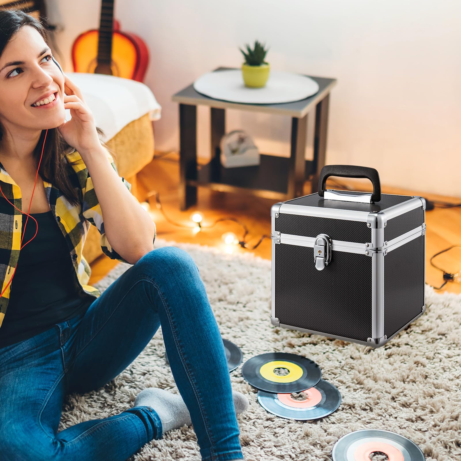 Plattenkoffer Schallplattenkoffer Koffer Abschließbarer Schallplattenkoffer aus Aluminium – Tragbarer Vinyl Koffer – Robuste Schallplattenbox mit Griff (Schwarz, 7 Zoll)