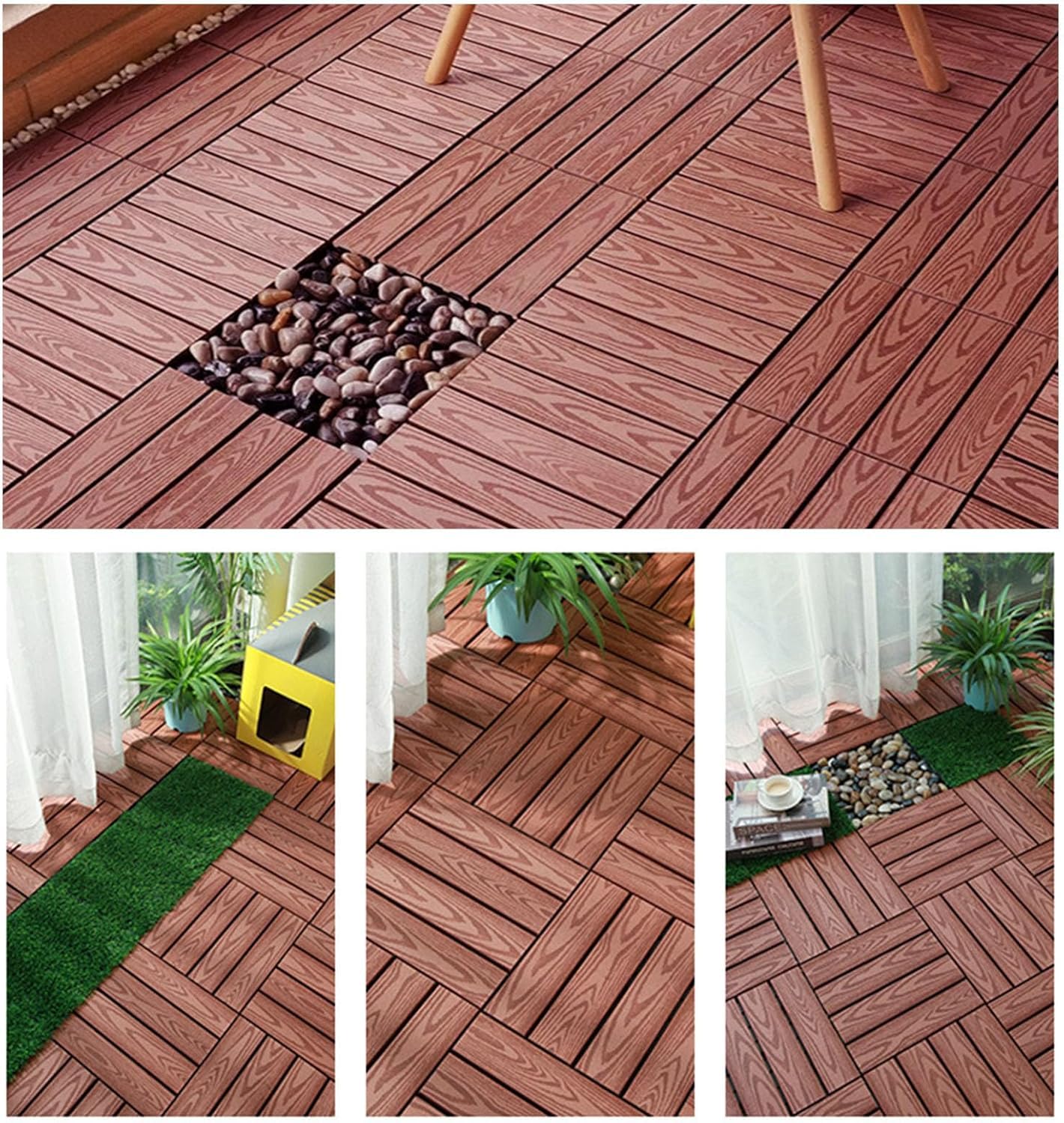 Piastrelle per esterni – legno ad incastro, durevoli e resistenti alle intemperie, motivo goffrato per balcone e patio