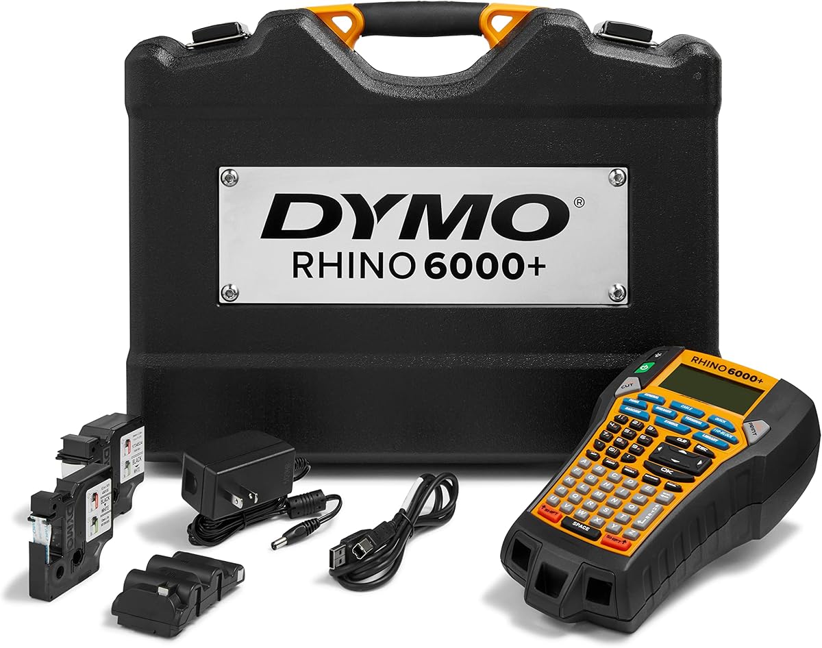 Etiquetadora industrial DYMO® Rhino™ 6000, etiquetadora conectada a computadora con estuche rígido de transporte, 1 casete de cinta de vinilo, 1 casete de cinta de nailon flexible y batería recargable de iones de litio