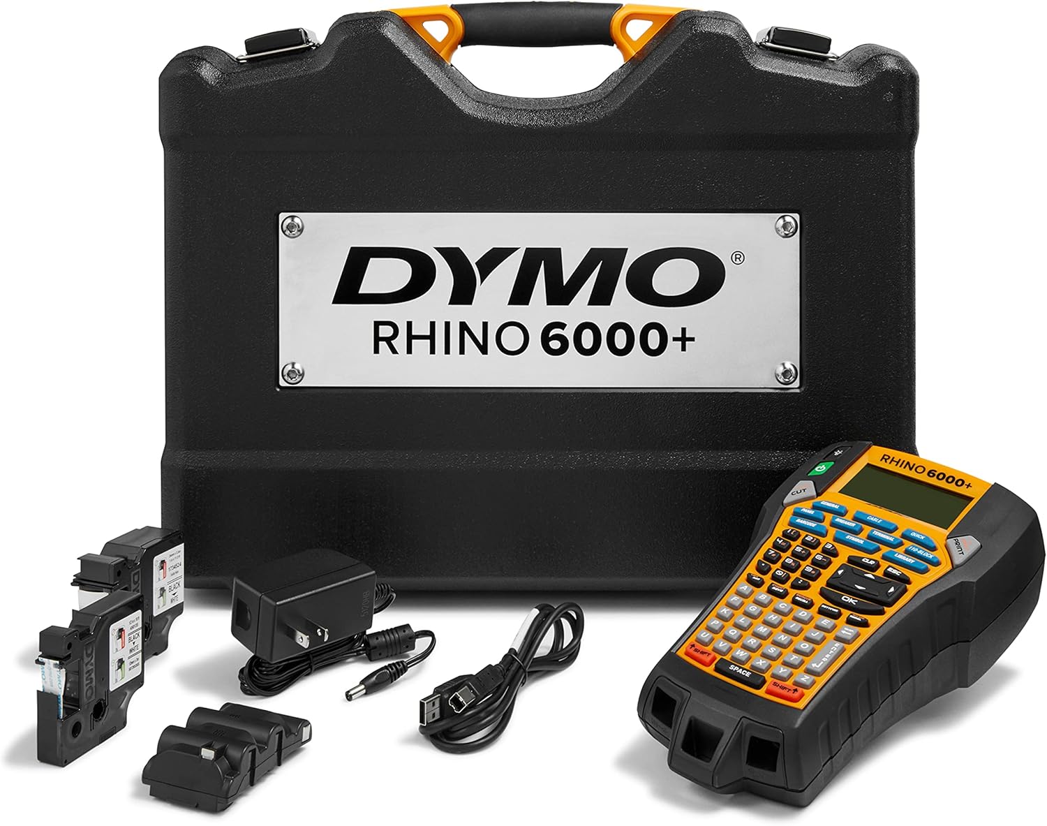 DYMO® Rhino™ 6000 Industrial Label Maker, Computer Connected Label Maker with Hard Carry Case, 1 Vinyl Tape Cassette, 1 Flexible Nylon Tape Cassette and Rechargeable Lithium Ion Battery