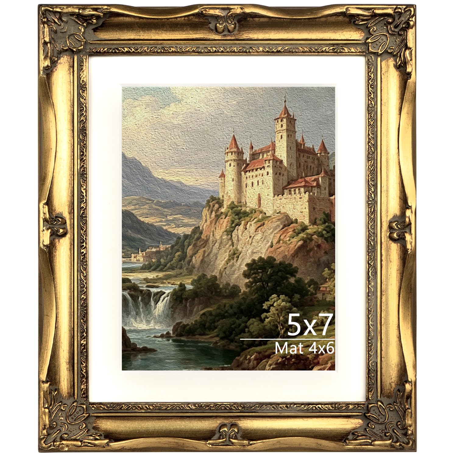 25HSERVICE Ornate Gold Vintage Picture Wood Frame with Mat, Baroque Embossed Antique Carved Golden Wall & Tabletop Display,Luxury Gallery Art Oil Painting Display Frame for Home Decor (5X7)