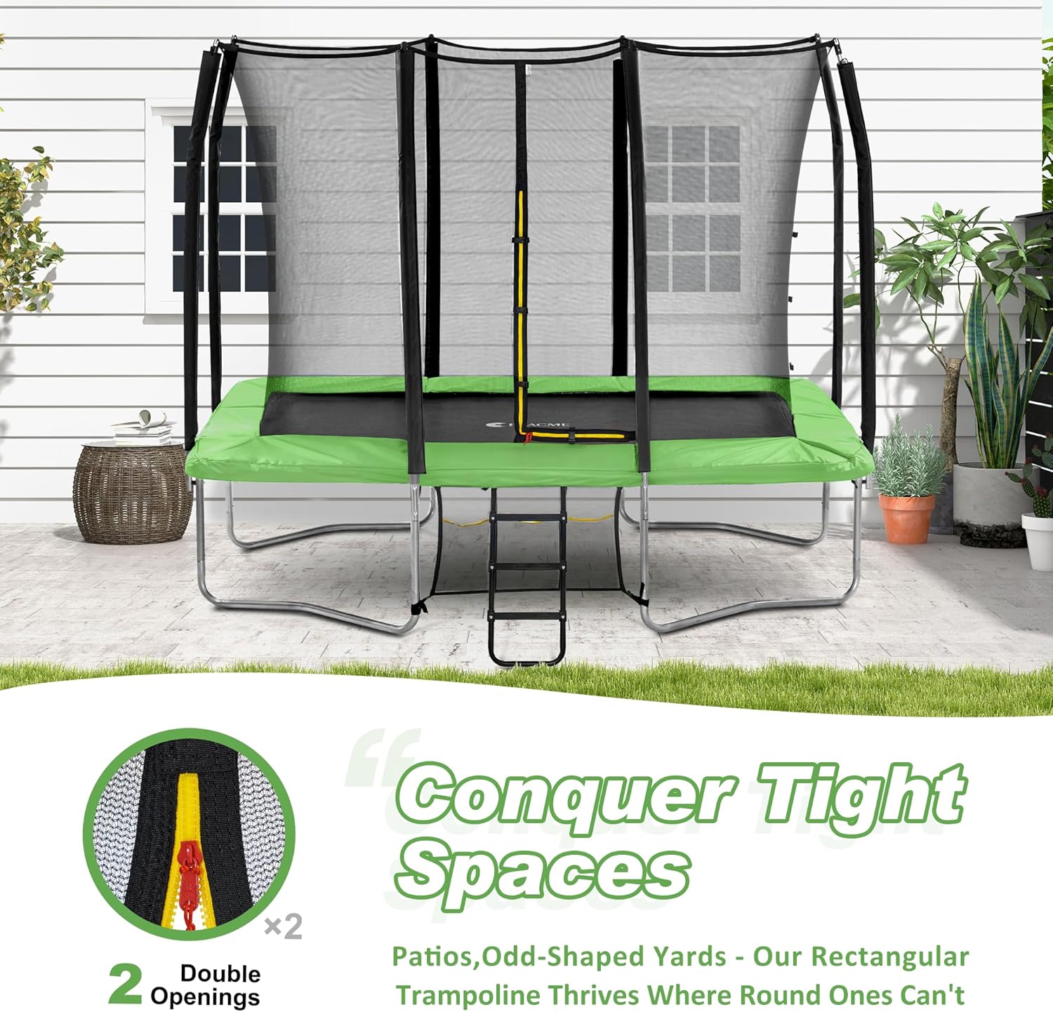 Exacme 7X10 8X12 9X14 Foot Rectangle Trampoline for Kids, Double Enclosure Openings, Small Outdoor Rectangular Trampoline with Enclosure Net, 4 Wind Stakes, Storage Bag