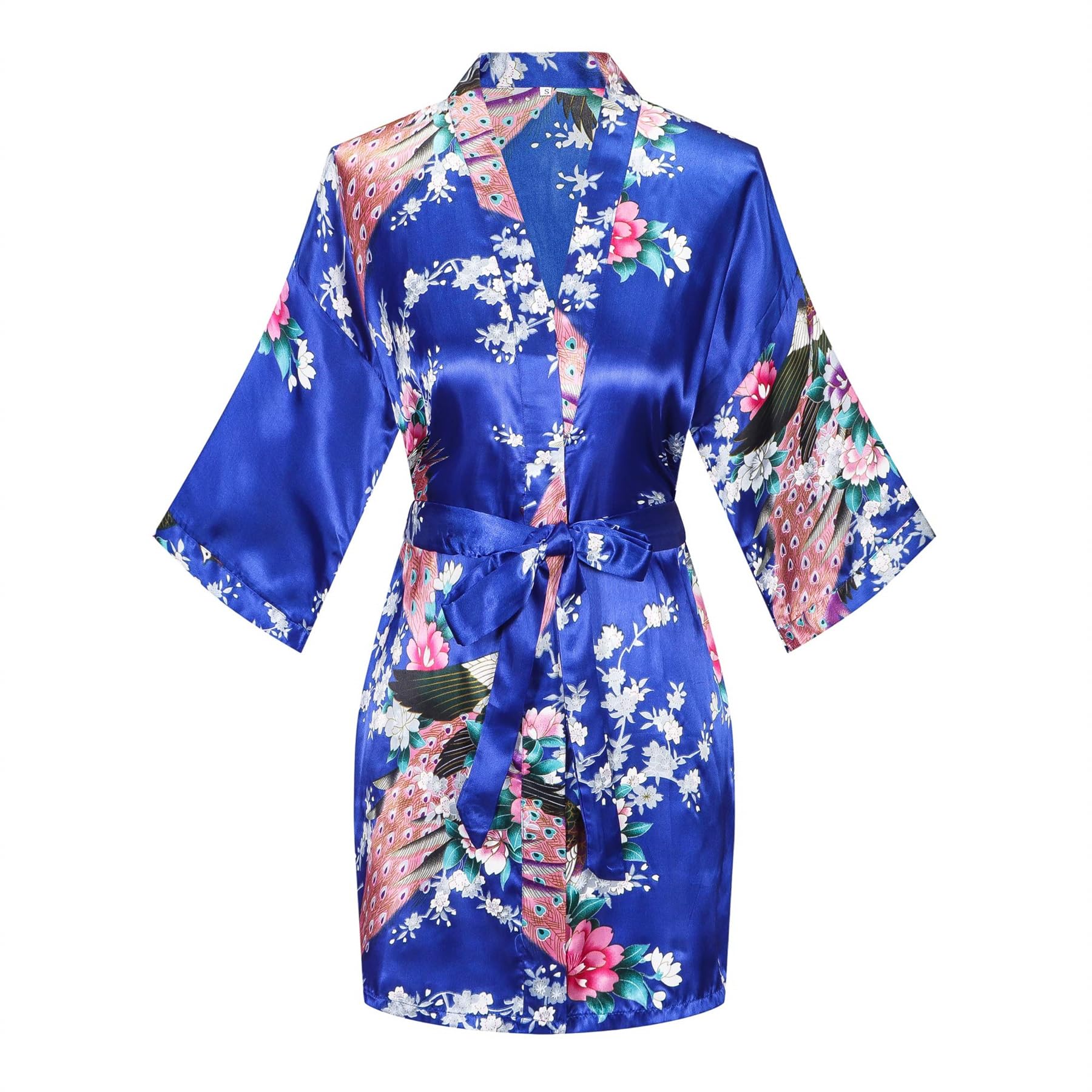 Women's Floral Kimono Satin Short Robe Peacock and Blossom Soft Bathrobe for Wedding Party Getting Ready