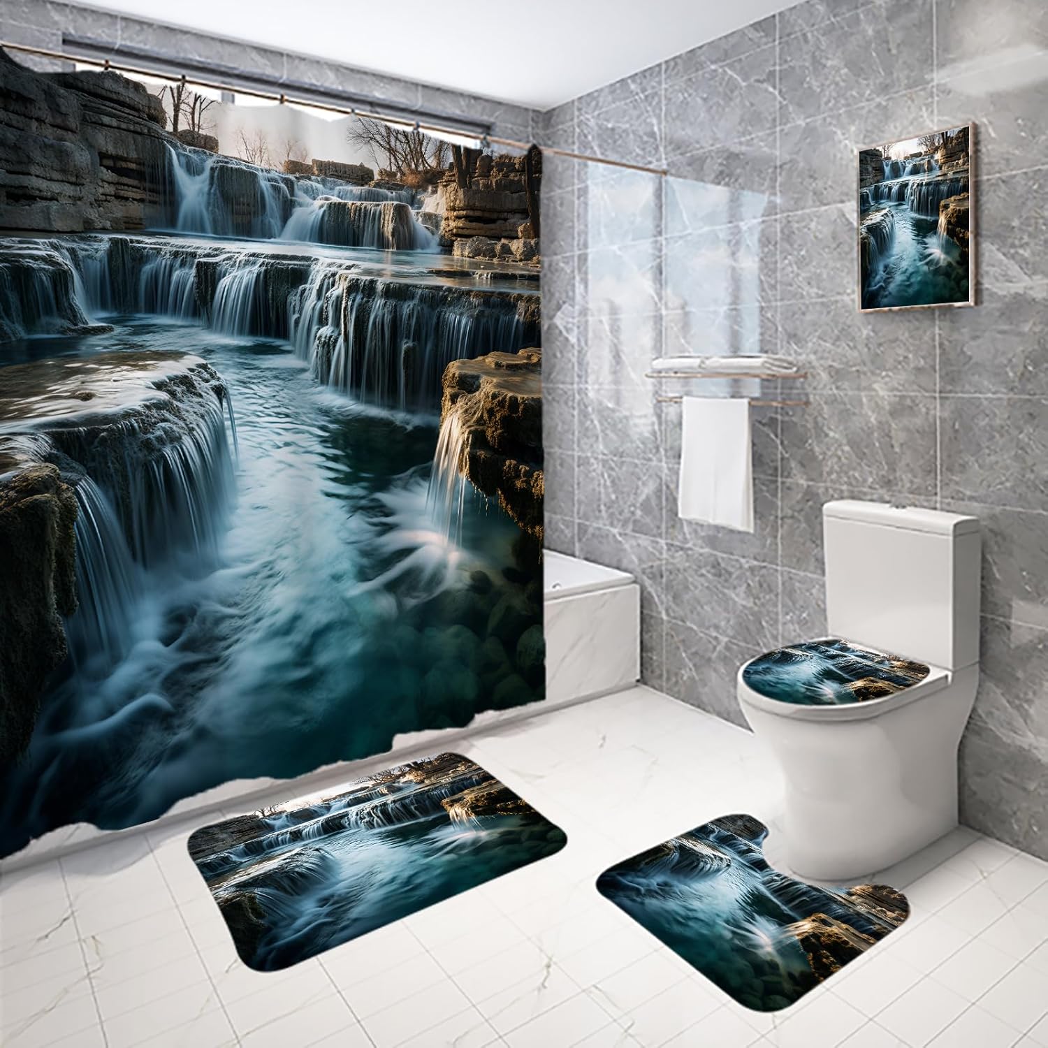 Beautiful Waterfall Landscape Bathroom Curtains Shower Set with Rug, Bath Mat, Toilet Lid Cover, 12 Hooks Clear River Water Bathroom Decor Rocks and Trees Shower Curtain Set 72"X72"