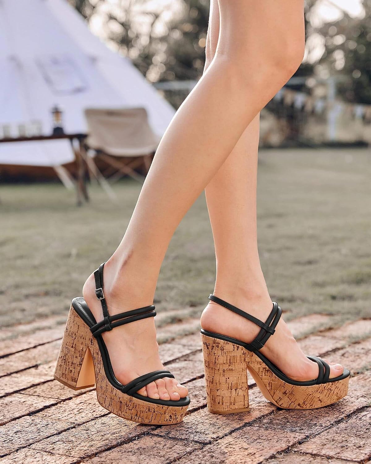 Coutgo Womens Cork Wedge Sandals Heels Open Toe High Heel Platform Slingback Ankle Strap Buckle Summer Dressy Shoes image 2