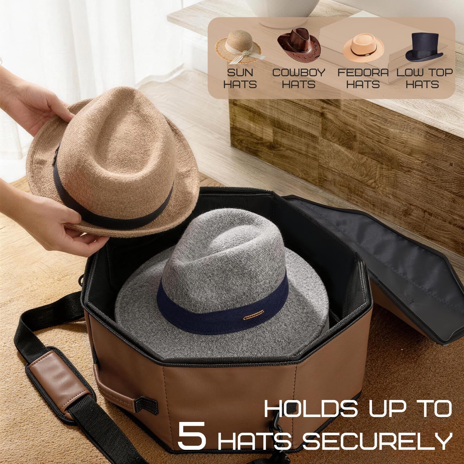 WERNNSAI Hut-Aufbewahrungsbox für Cowboy- und breite Krempe, achteckig, Kunstleder, Reiseetui mit elastischen Bändern, Tragegriff, abnehmbarer Schultergurt, staubdicht, für Reisen und Zuhause