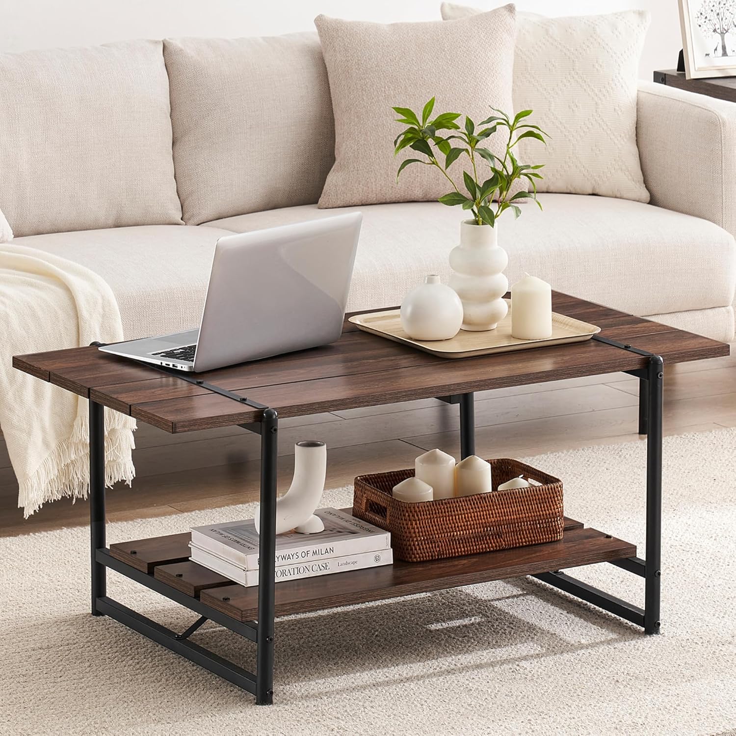 Coffee Table for Living Room, 2-Tier Living Room Tables, Modern Living Room Coffee Table,IndustrialWood Coffee Table with Storage Shelf, Small Center Table for Living Room Home Office,Dark Rustic Oak