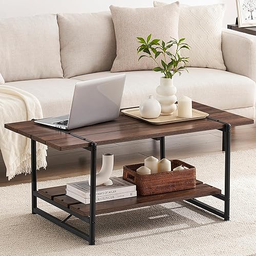 Mesa de centro industrial moderna de 41 pulgadas de madera grande de 2 niveles con estante de almacenamiento, centro rectangular de metal rústico