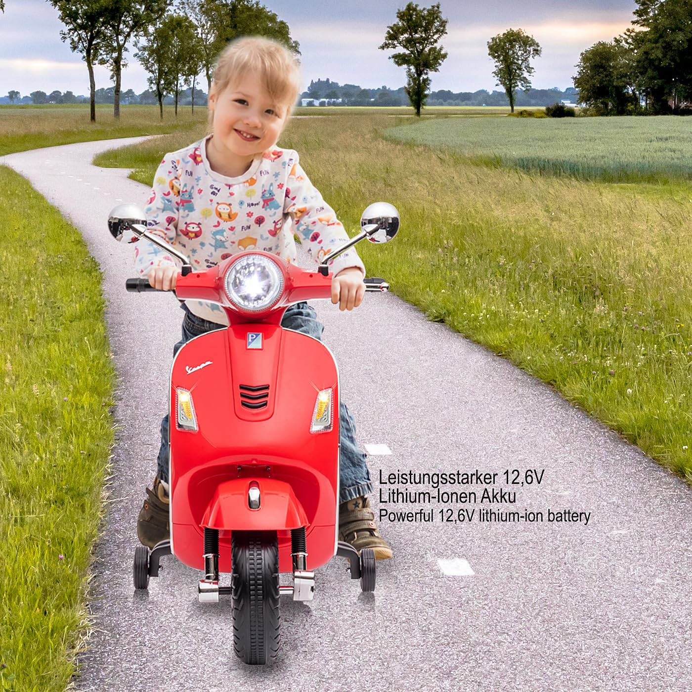 JAMARA 461837 Ride-on Vespa GTS 125 Li-Power Voiture électrique pour Enfants à partir de 3 Ans, idée Cadeau pour garçons et Filles, Roues stabilisatrices, lumière LED